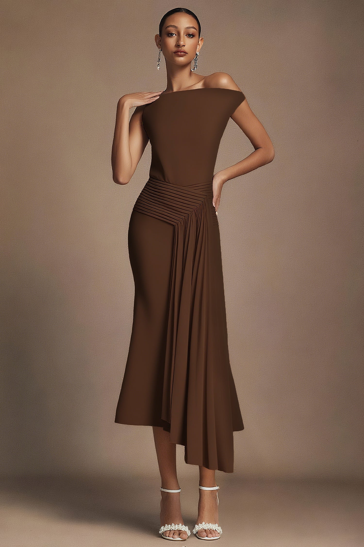 Paulina Oblique Shoulder Sleeveless Folds Brown Midi Dress