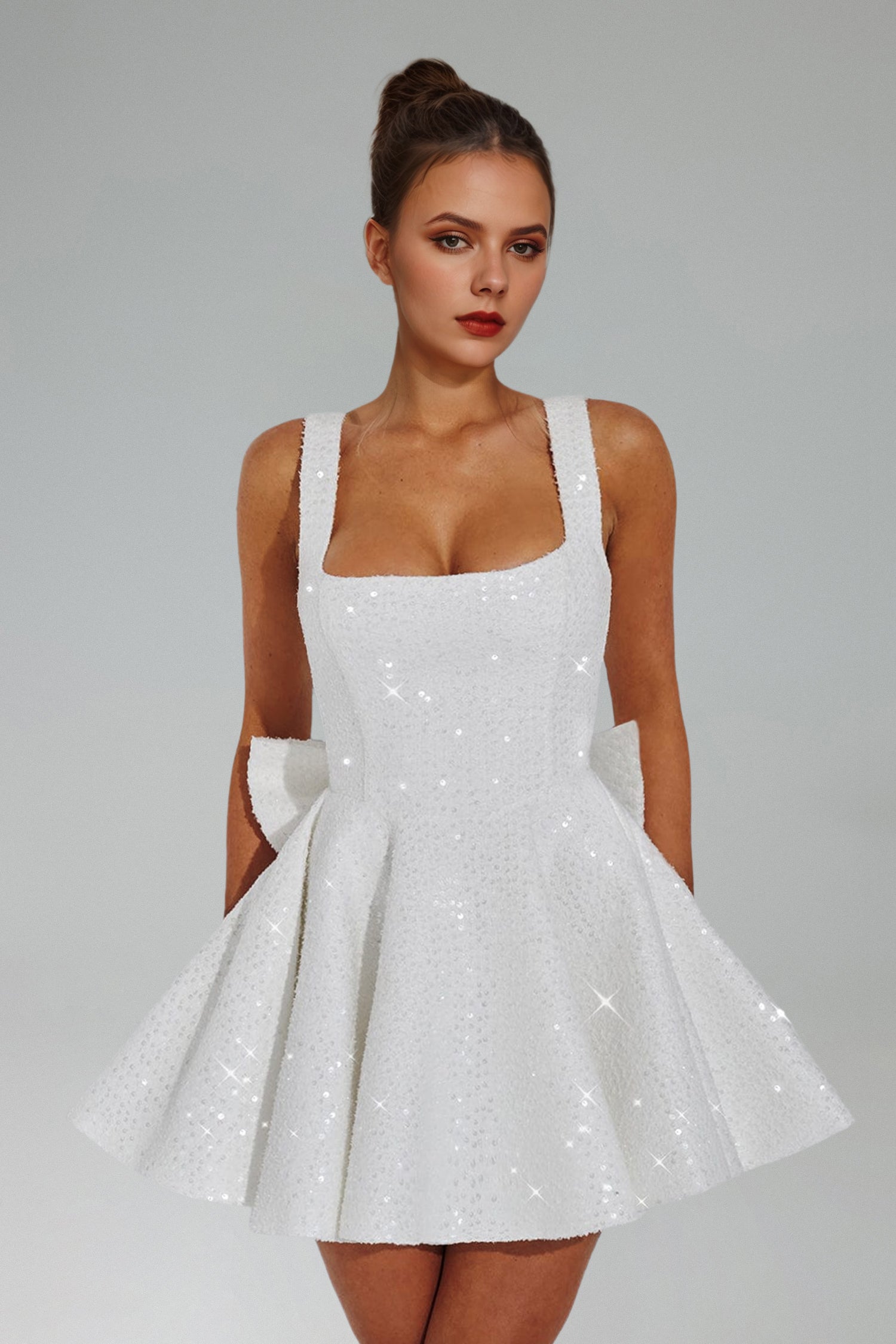 Paul Sleeveless Strapless Bow Sequin Mini Dress