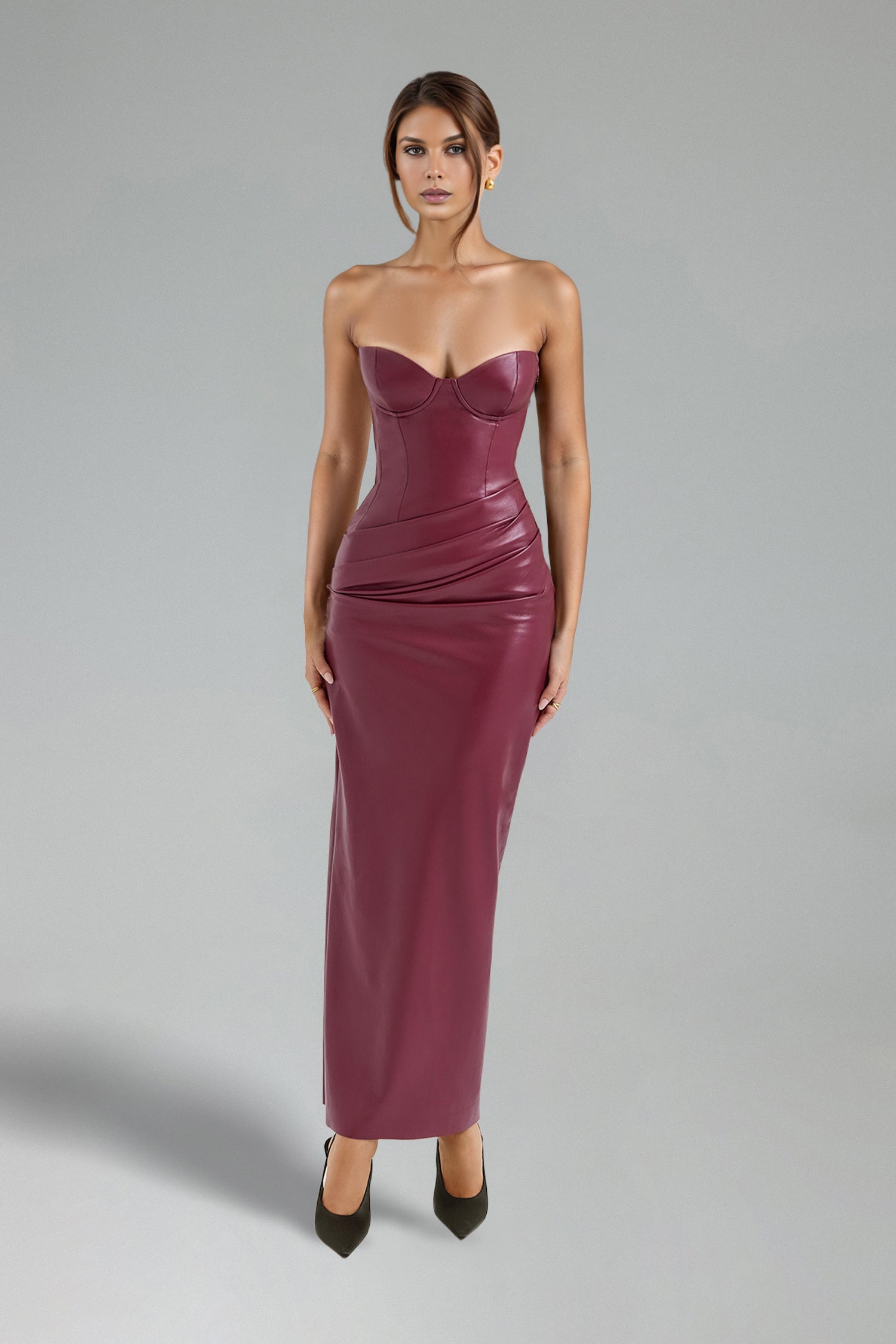 Weiss Strapless Sleeveless High Slit Leather Maxi Dress