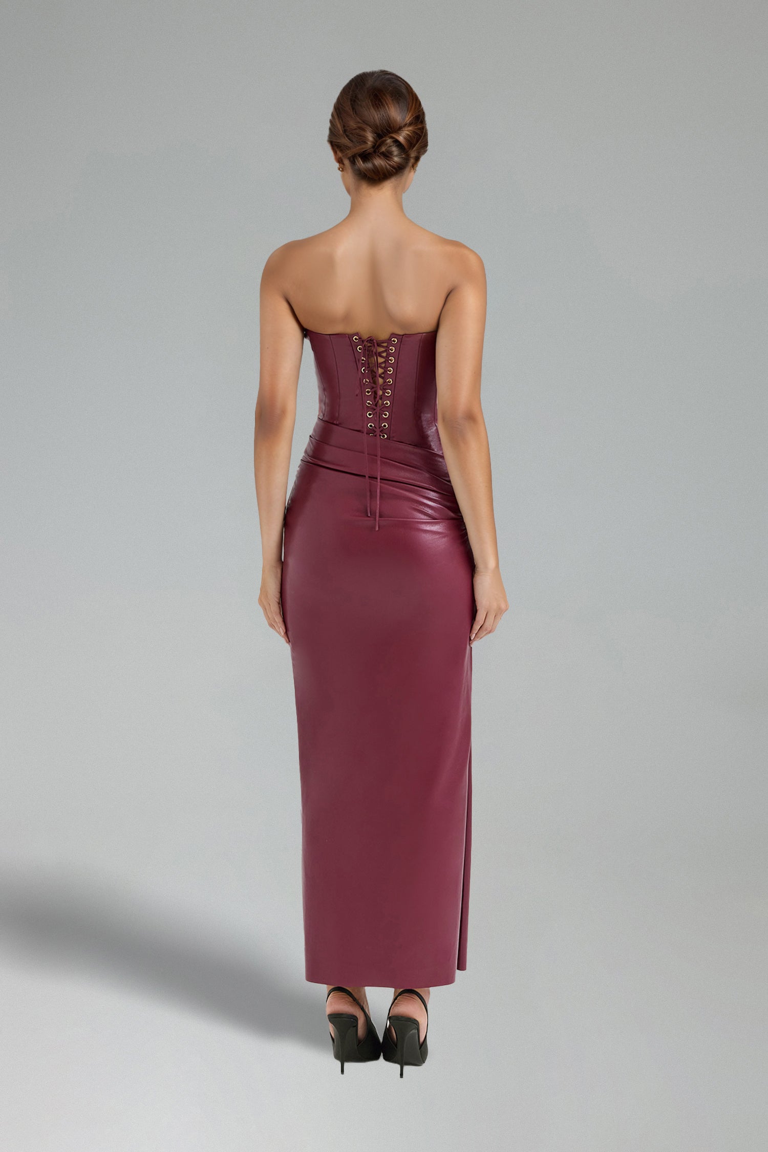 Weiss Strapless Sleeveless High Slit Leather Maxi Dress