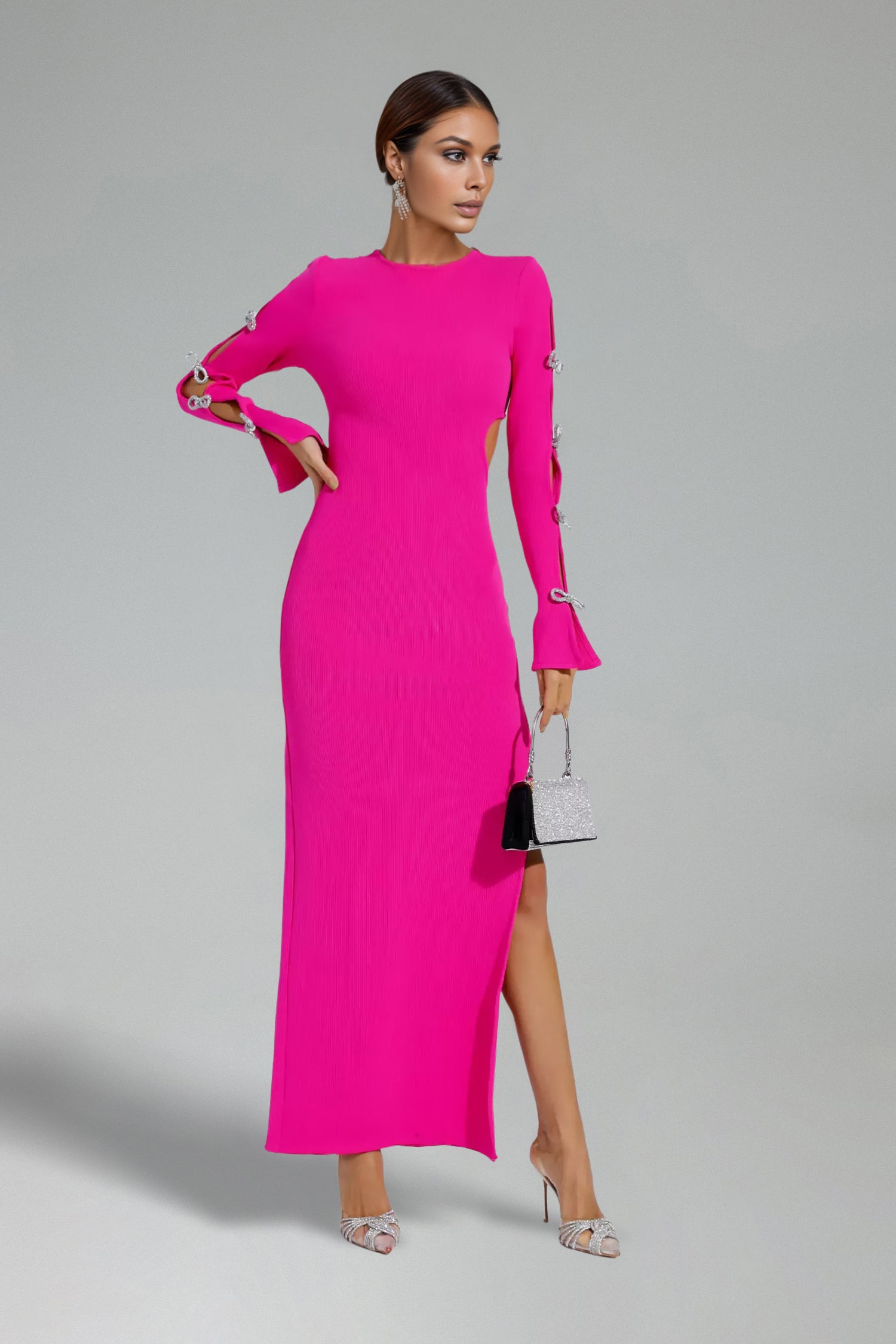 Riane Long Sleeves Hollow High Slit Bandage Maxi Dress