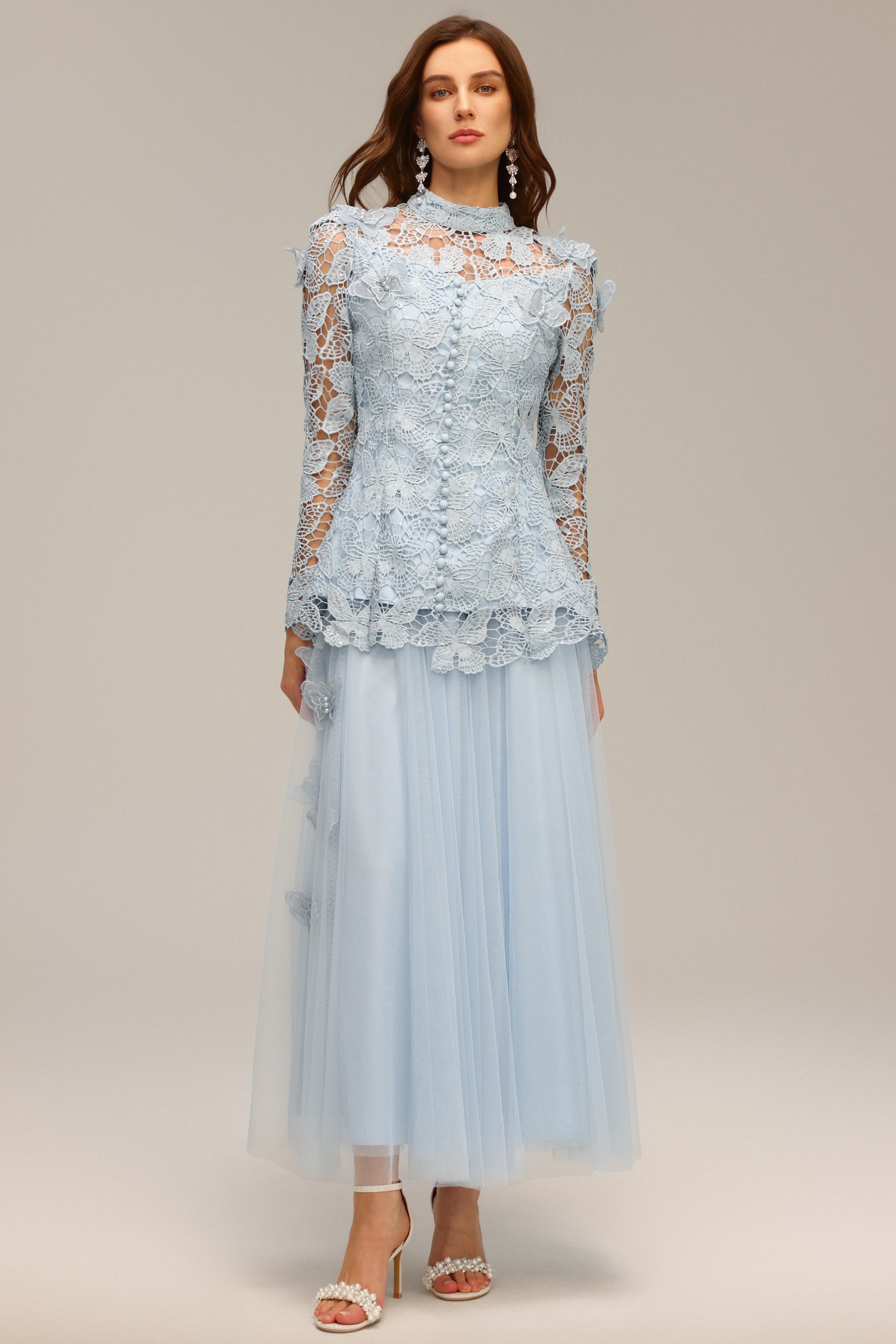 Sabina Long Sleeve Folds Lace Butterfly Top And Skirt Two-Piece Set