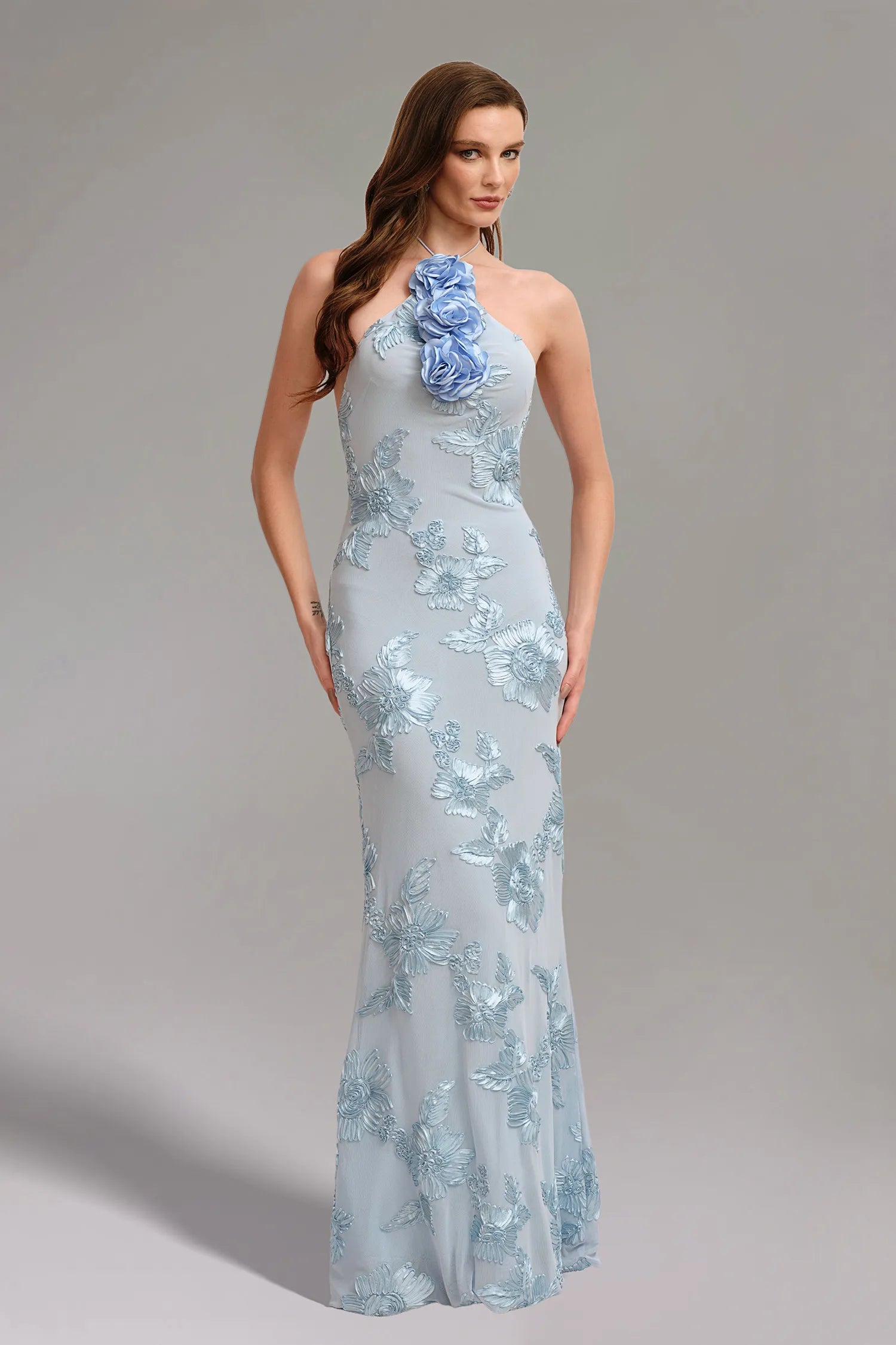 Griselda Maxikleid mit Blumen-Stickerei - Blau