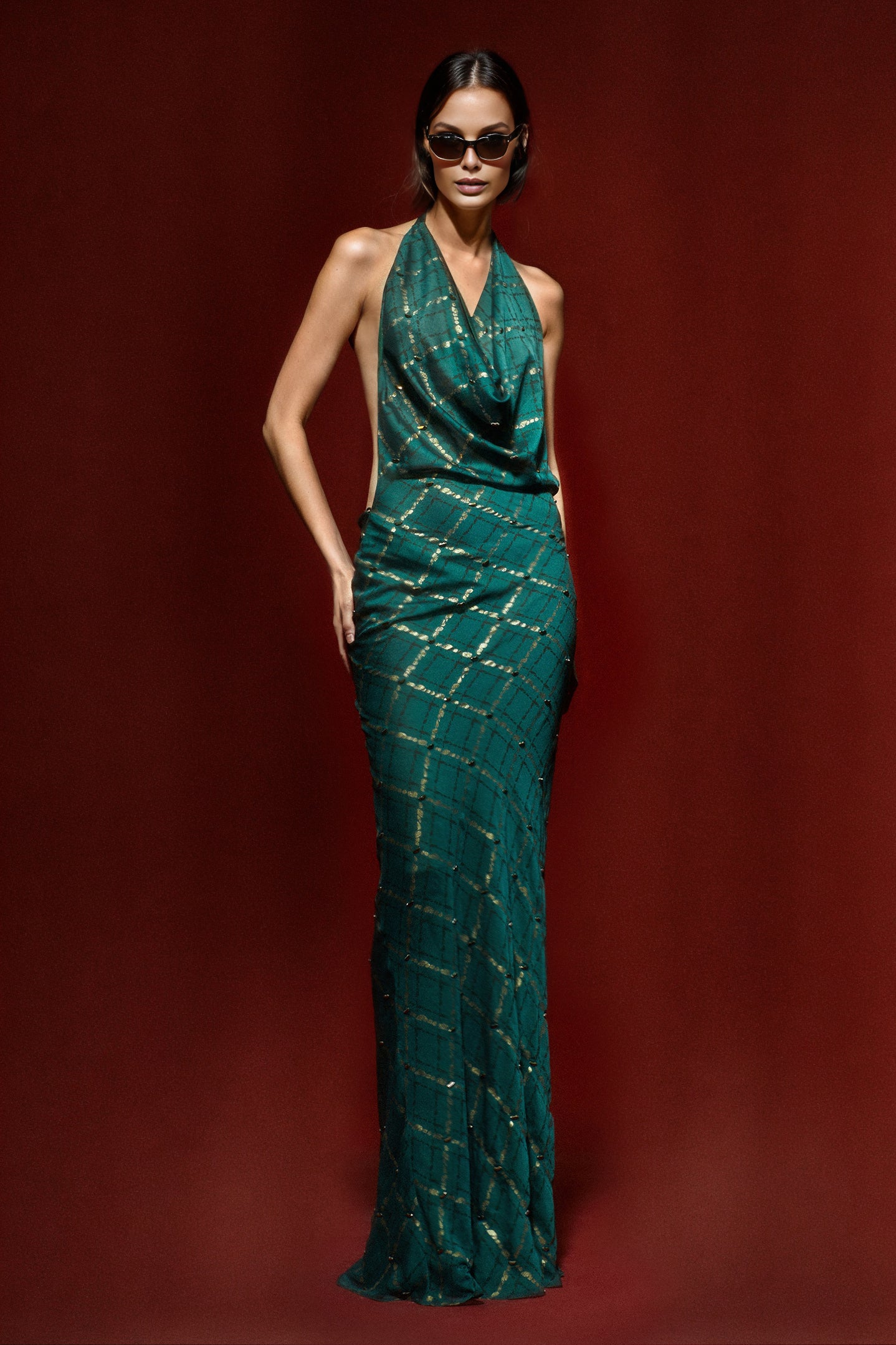 Yuria Halter Backless Sequin Maxi Dress