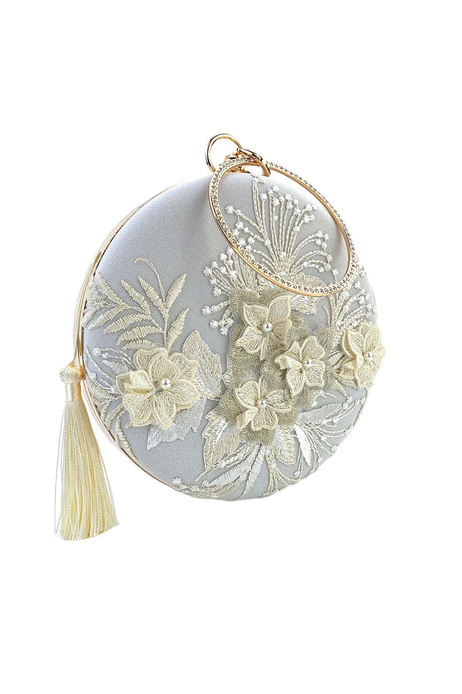 Rae Floral Embroidery Fringe Circle Handle Bag