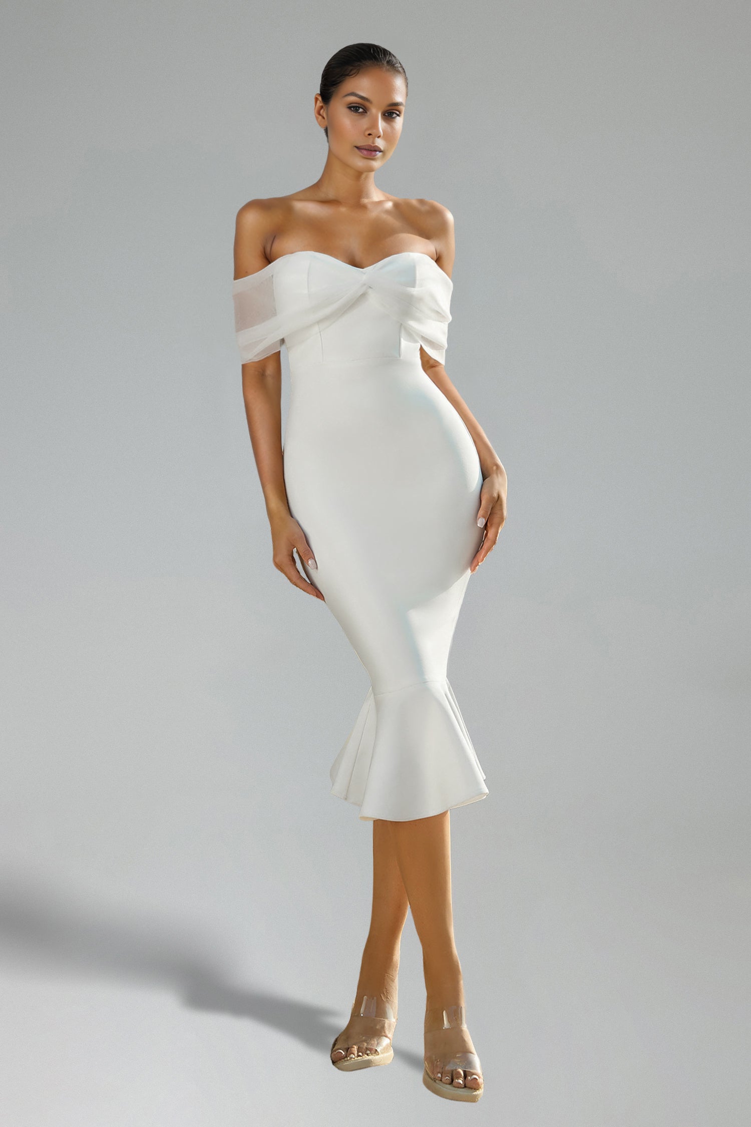 Sophie Off Shoulder Bandage Fish Tail Midi Dress