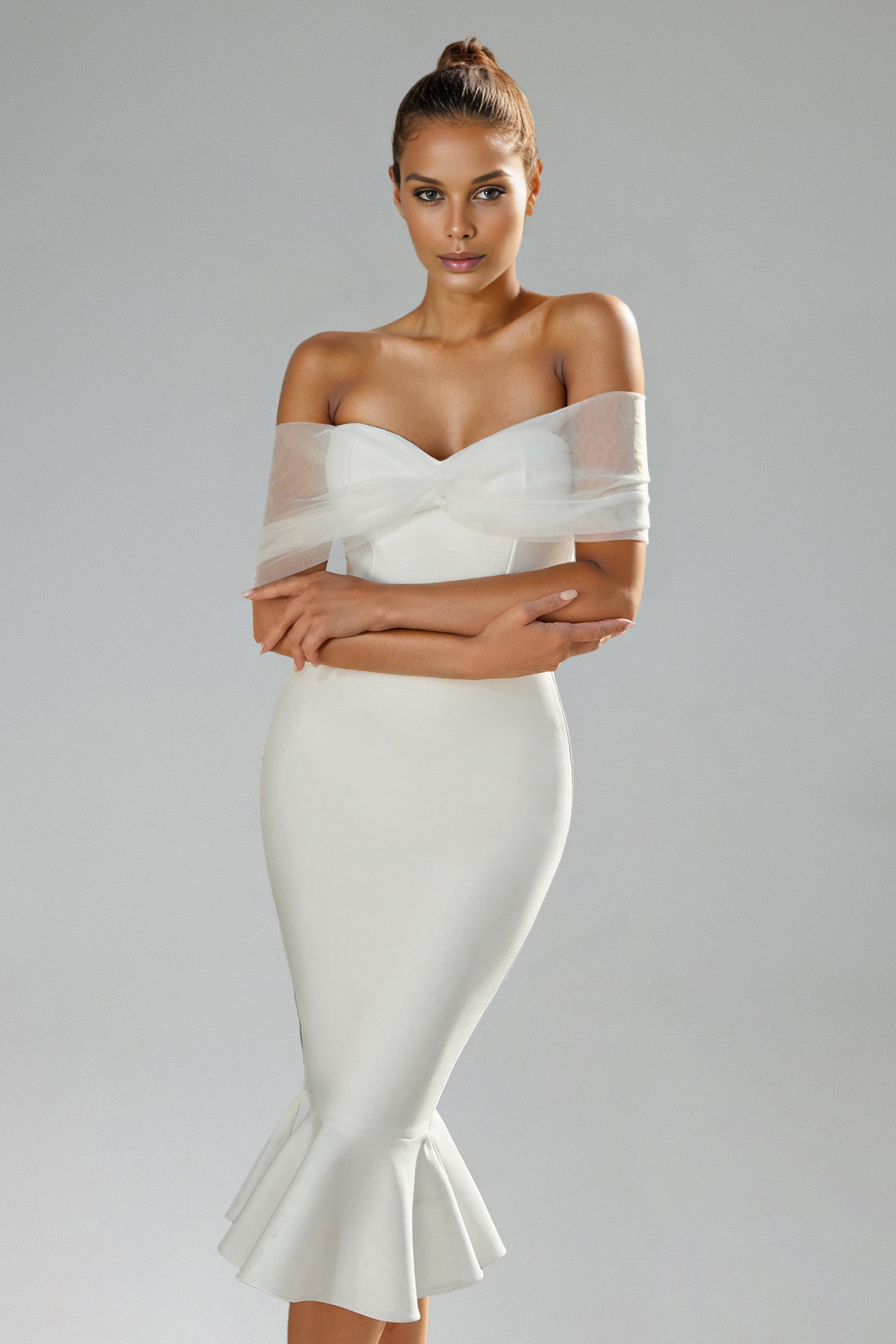 Sophie Off Shoulder Bandage Fish Tail Midi Dress