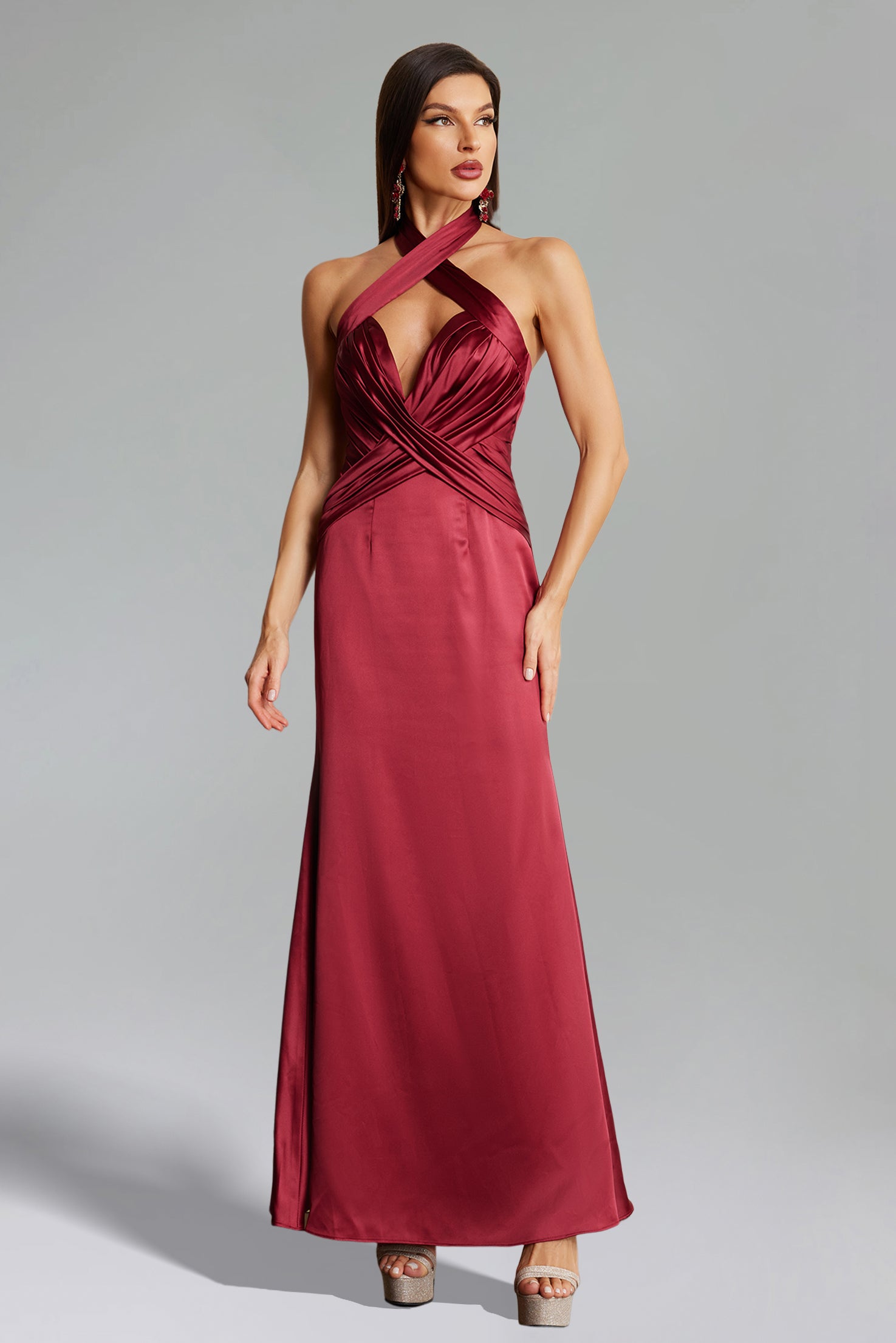 Halle Halterneck Pleat Satin Maxi Dress