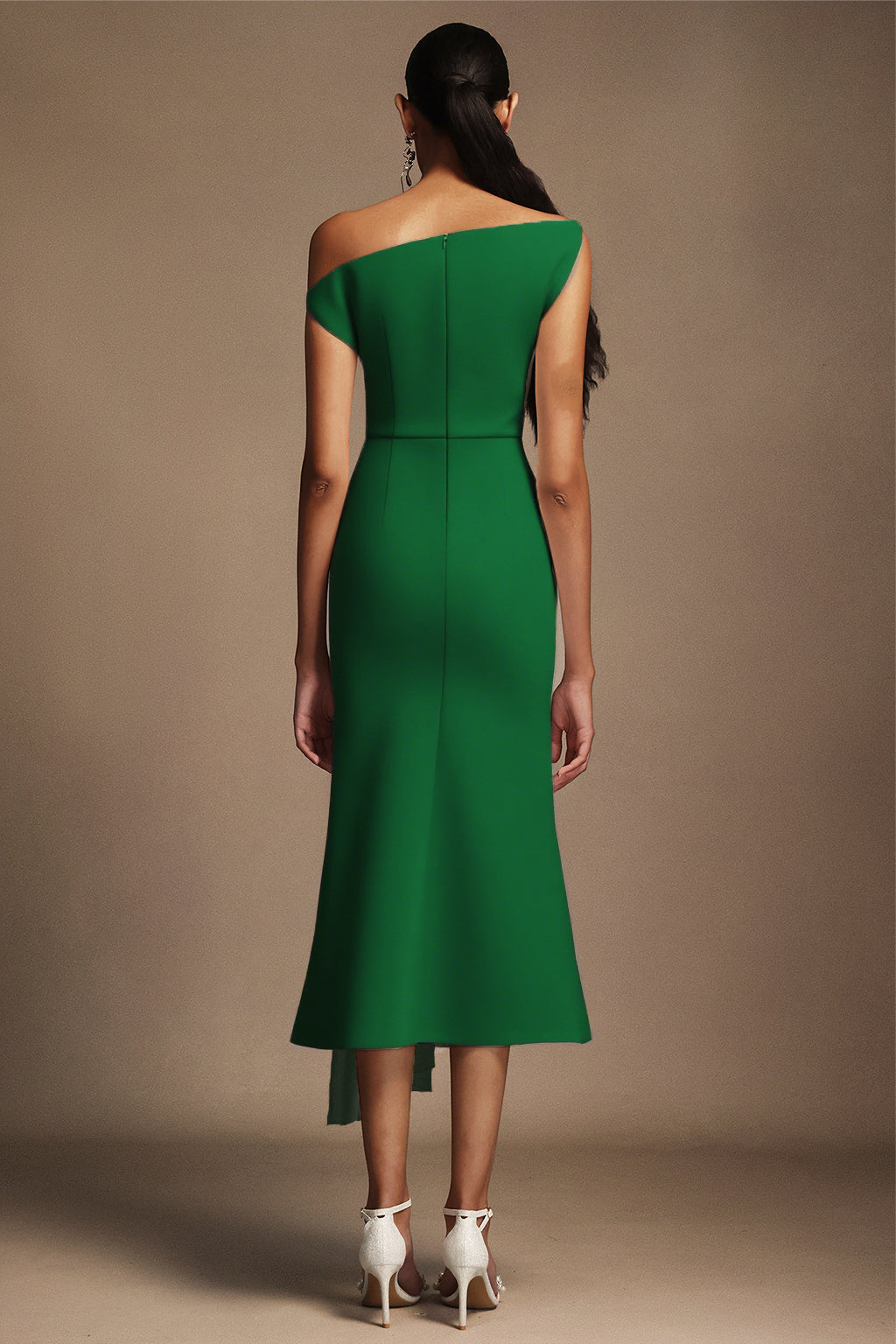Paulina Oblique Shoulder Sleeveless Folds Green Midi Dress