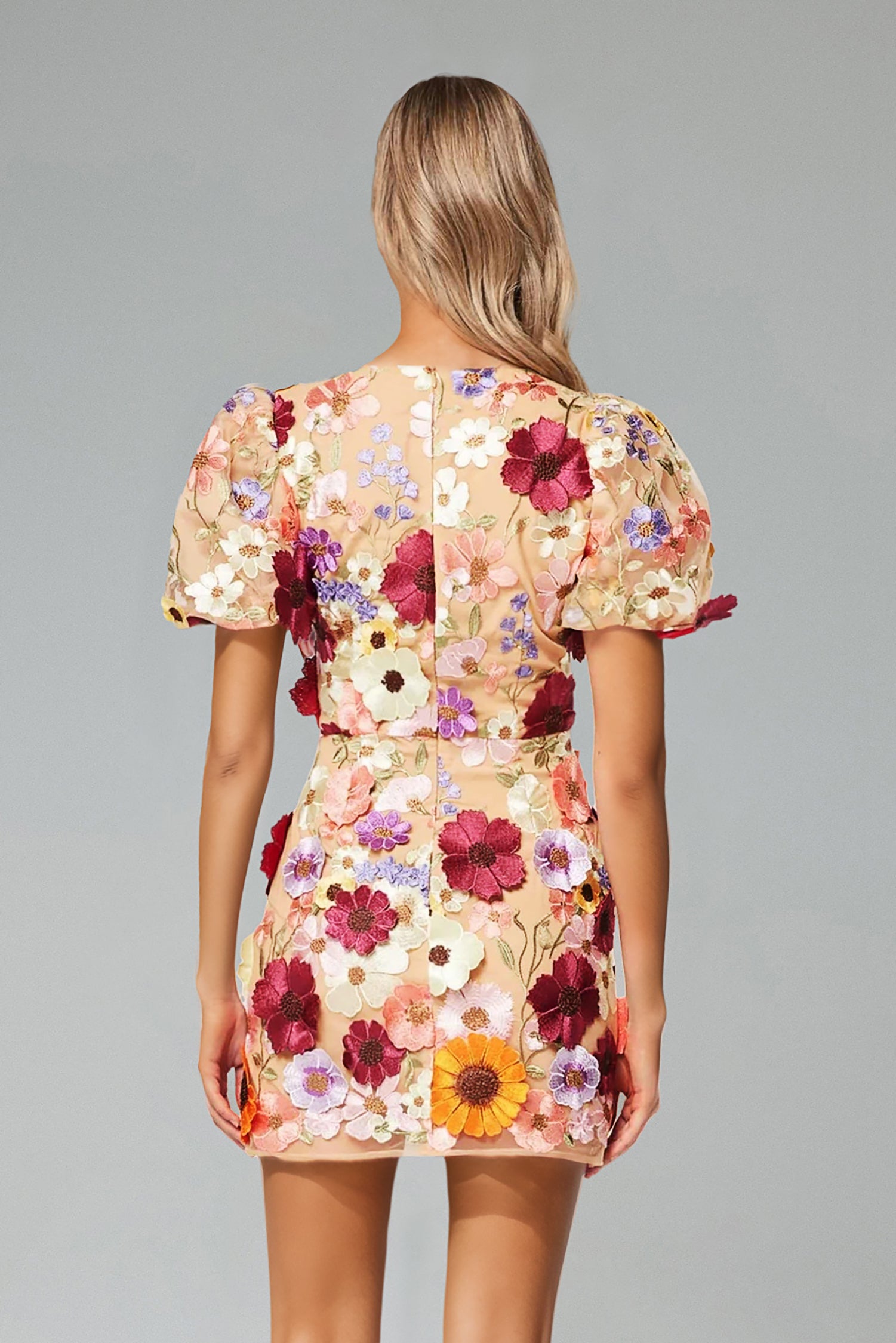 Leko V-Neck Puff Sleeves Flowers Mini Dress