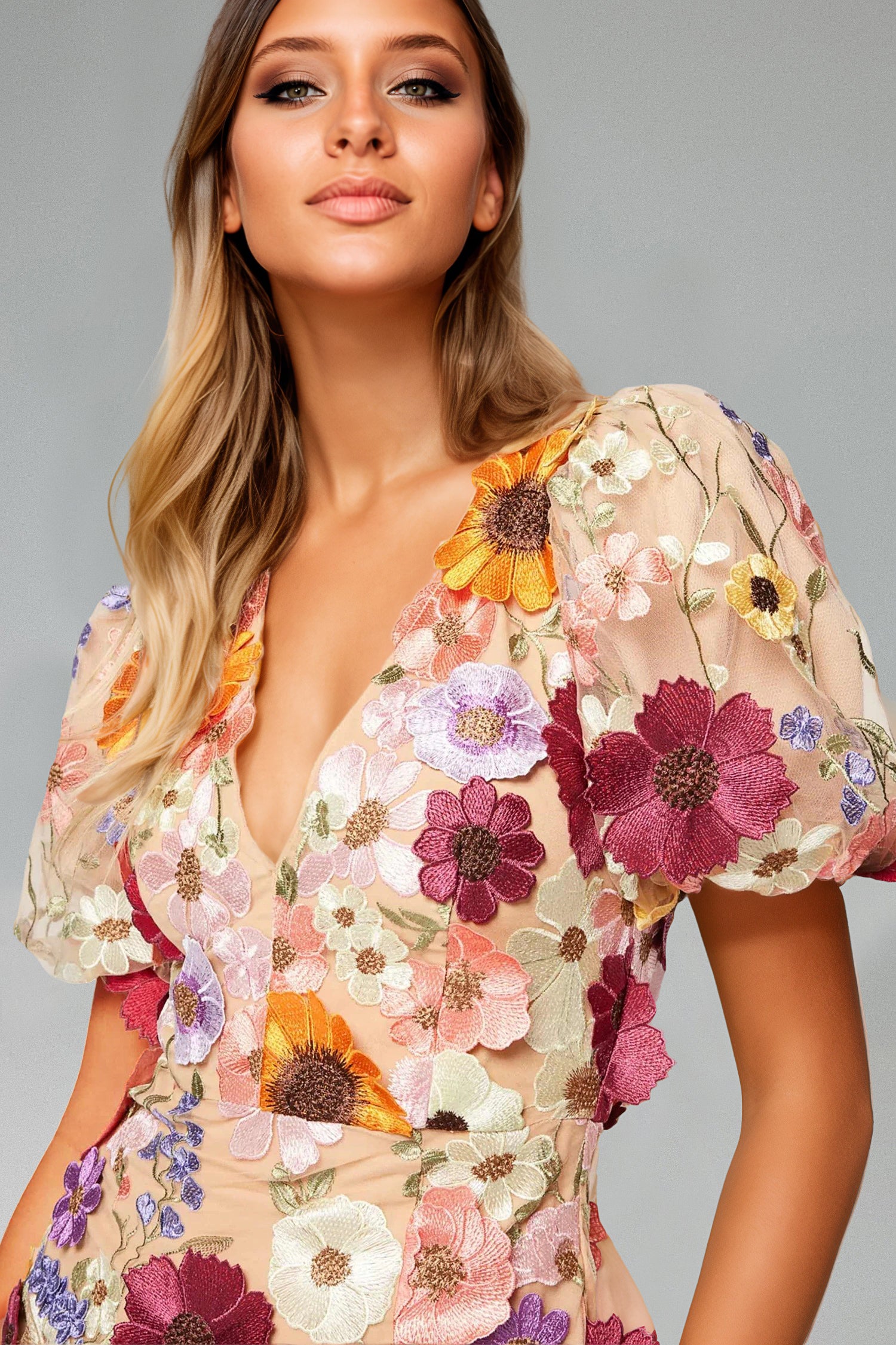 Leko V-Neck Puff Sleeves Flowers Mini Dress