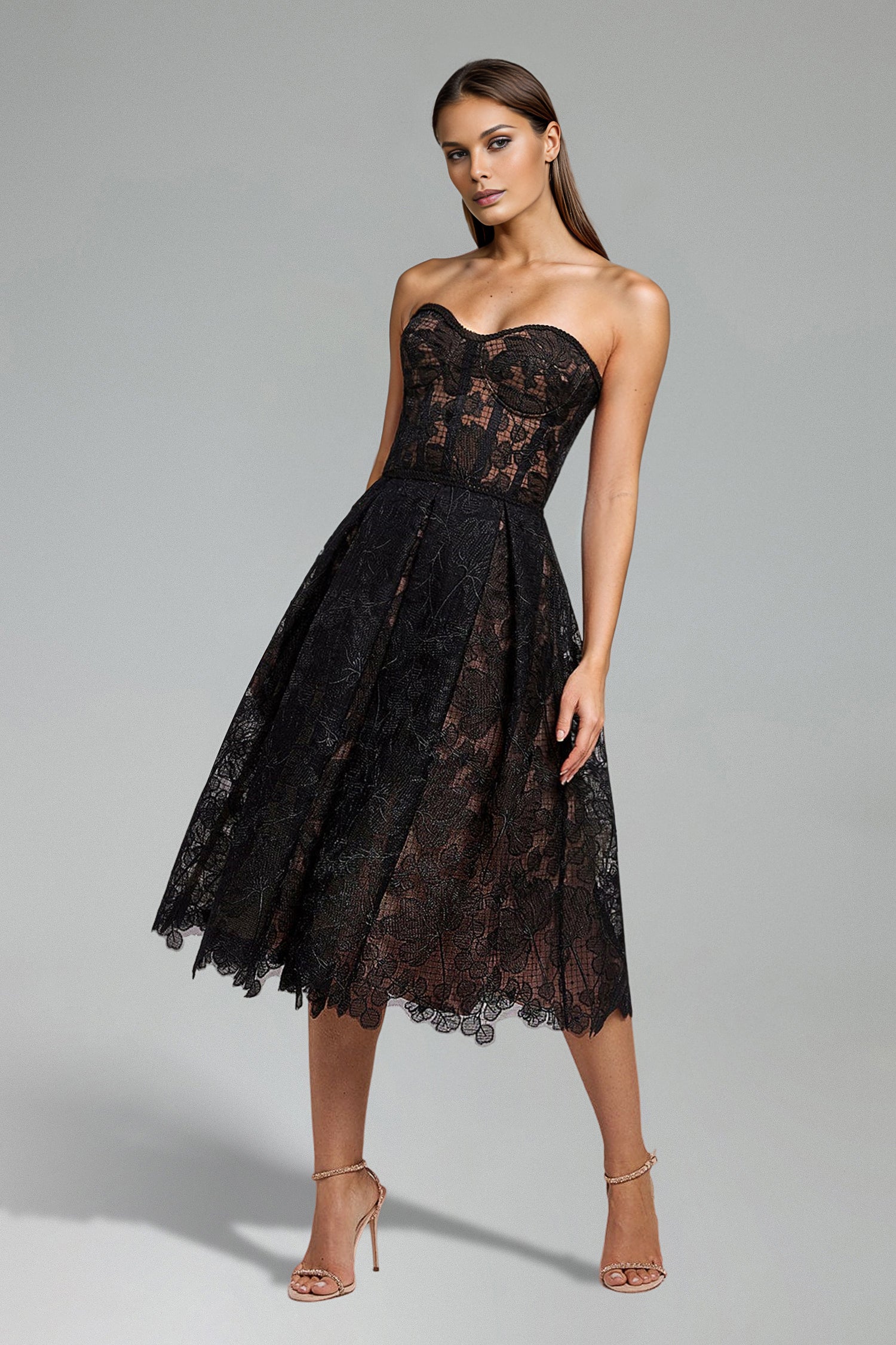 Venal Strapless Lace Corset Midi Dress