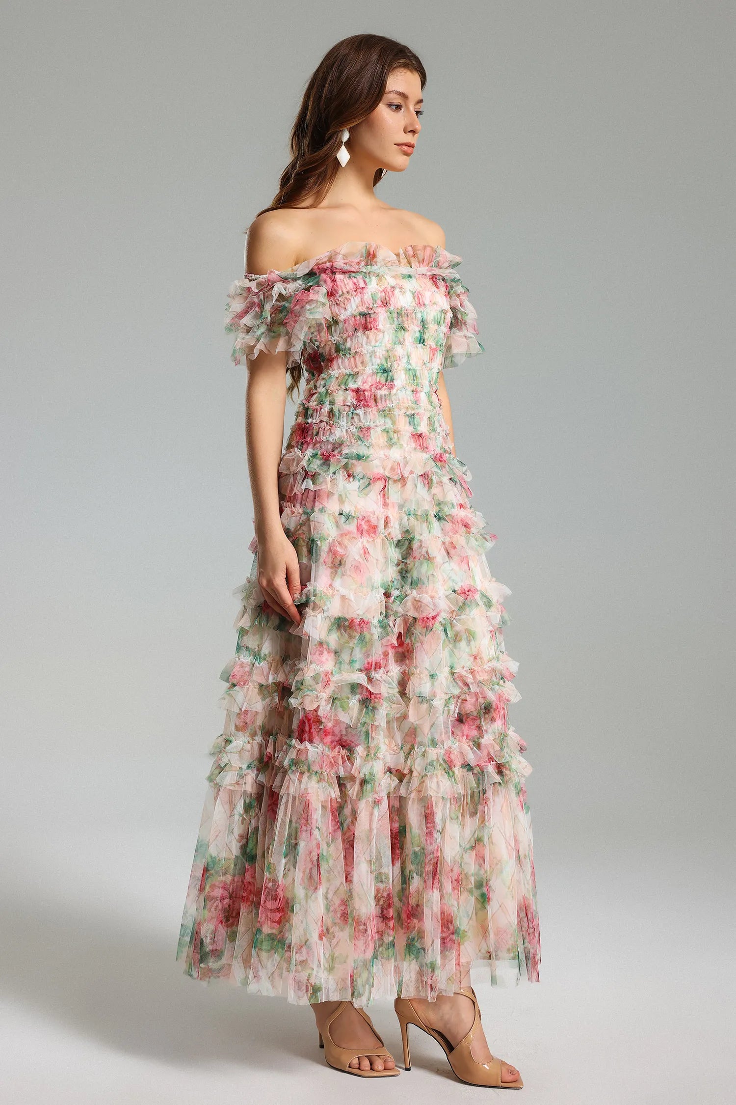 Qearl Floral Schulterfrei Pleated Maxi Kleid