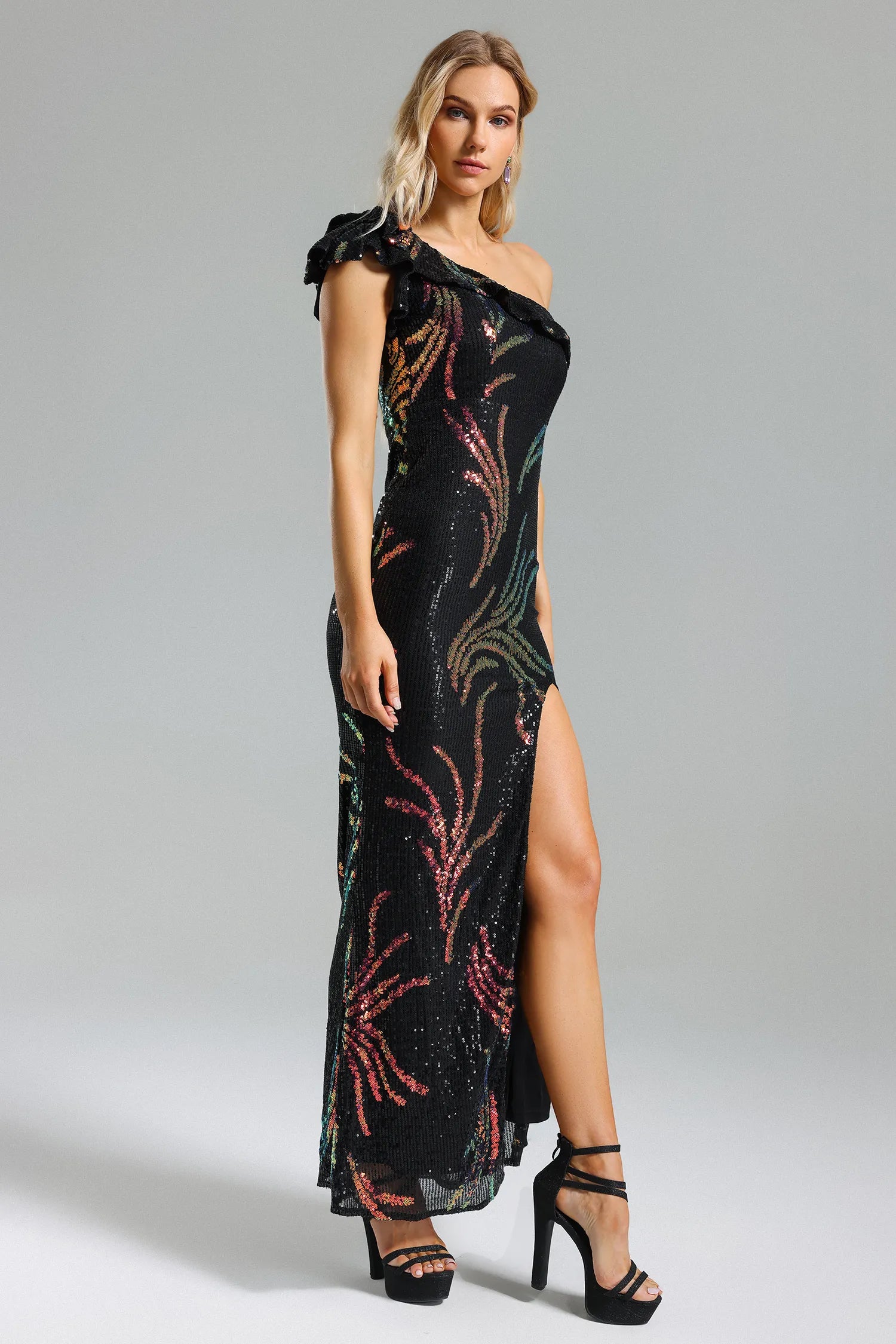 Nlia One-Shoulder-Schlitzkleid mit Pailletten