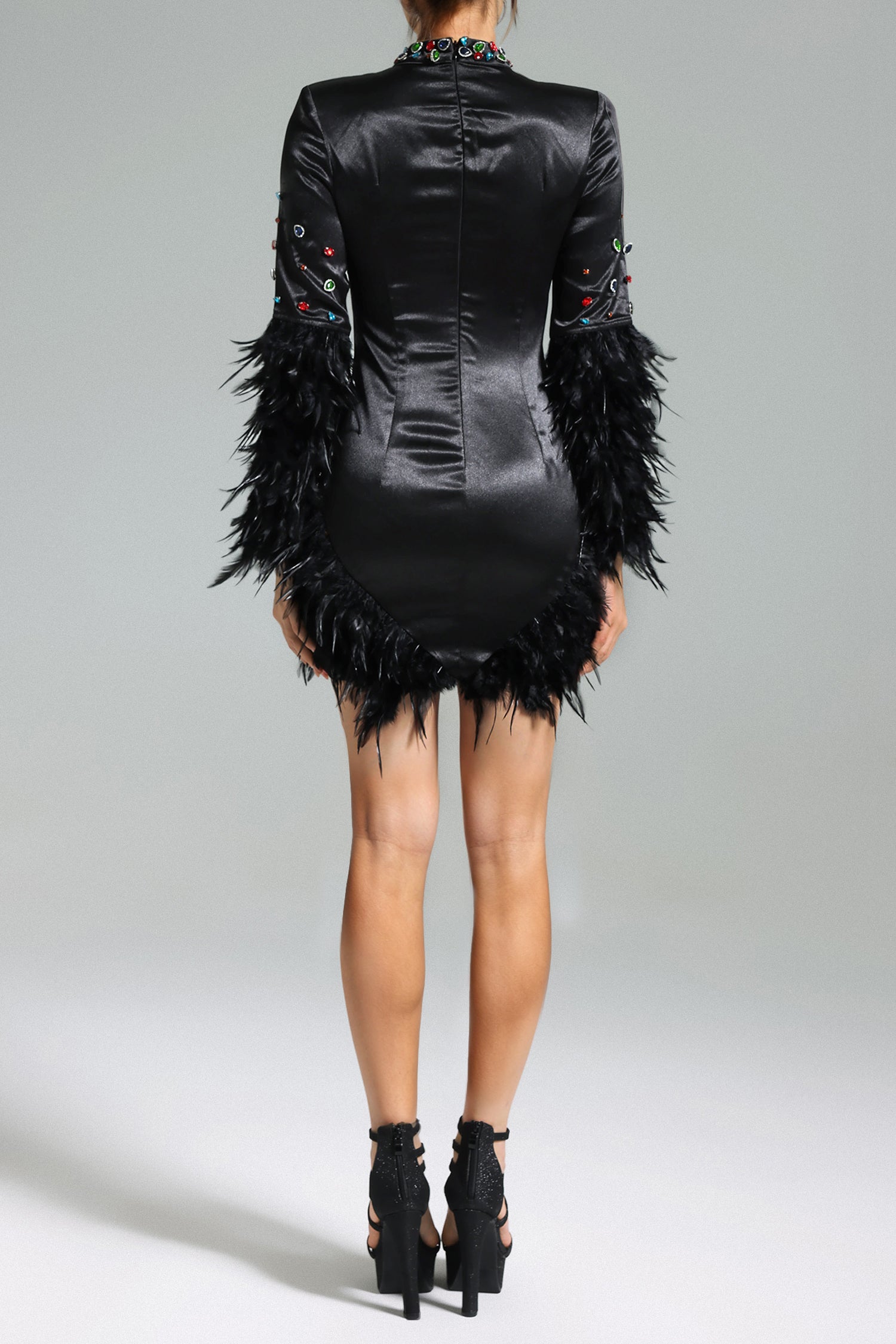 Glenora Diamante Mesh Feather Mini Dress