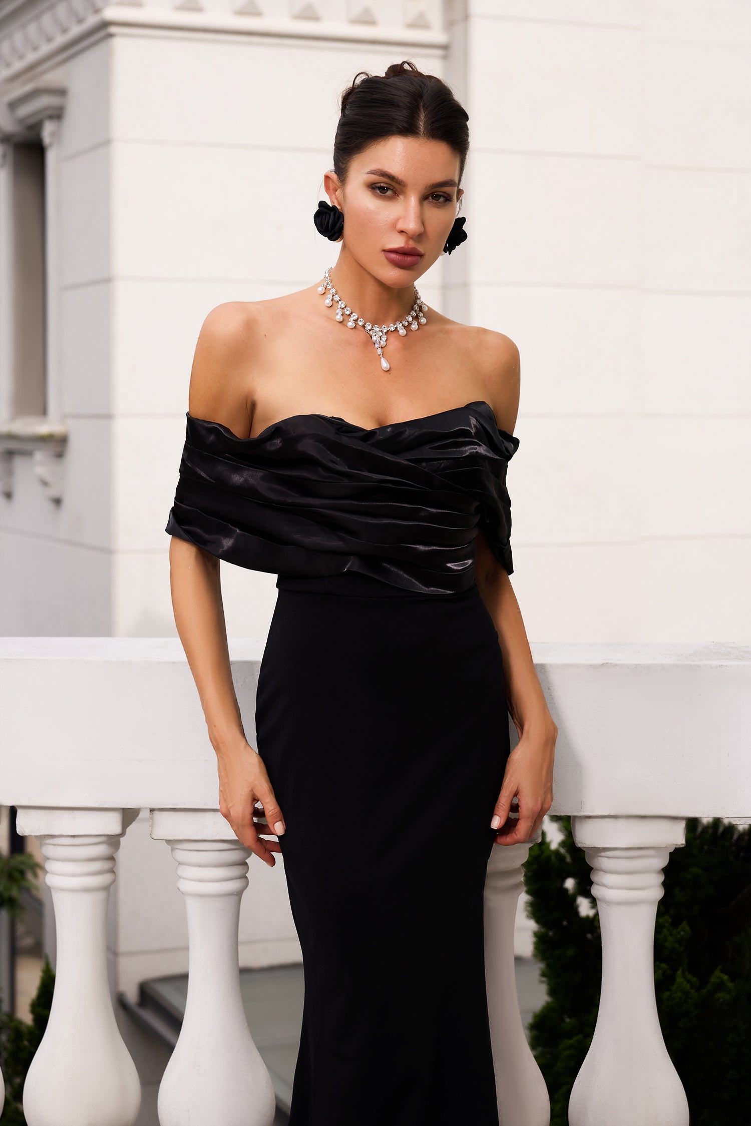 Gevjon Off-Shoulder High Slit Dress