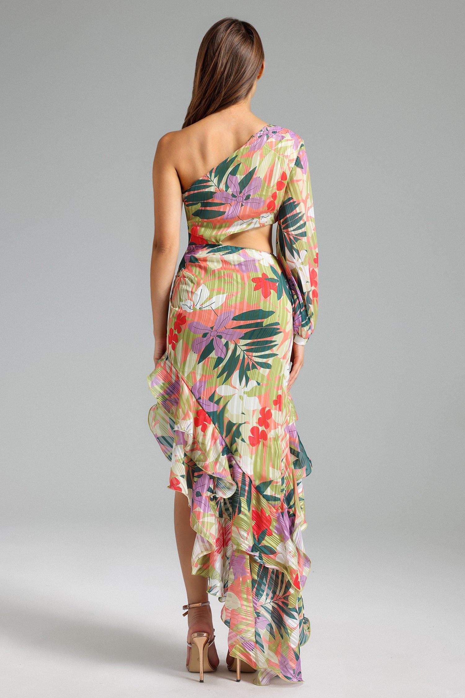 Parry Flower Print One Shoulder Cut Out Asymmetrical Dress - Floral