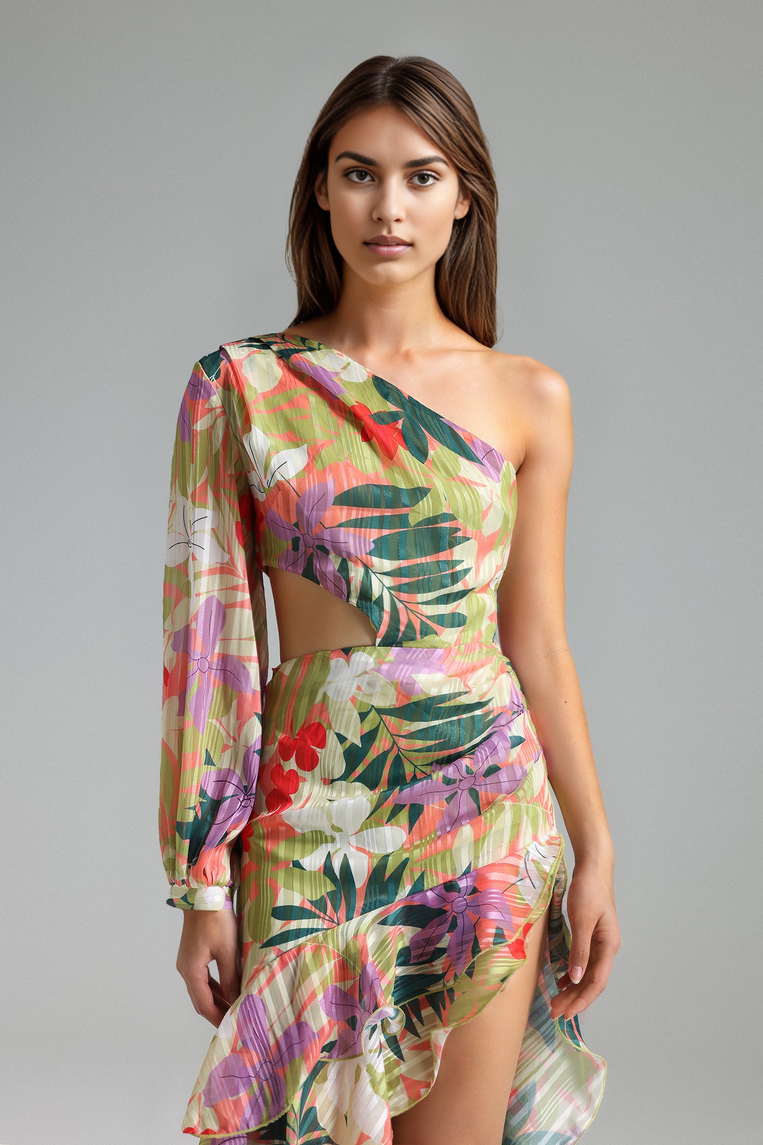 Parry Flower Print One Shoulder Cut Out Asymmetrical Dress - Floral