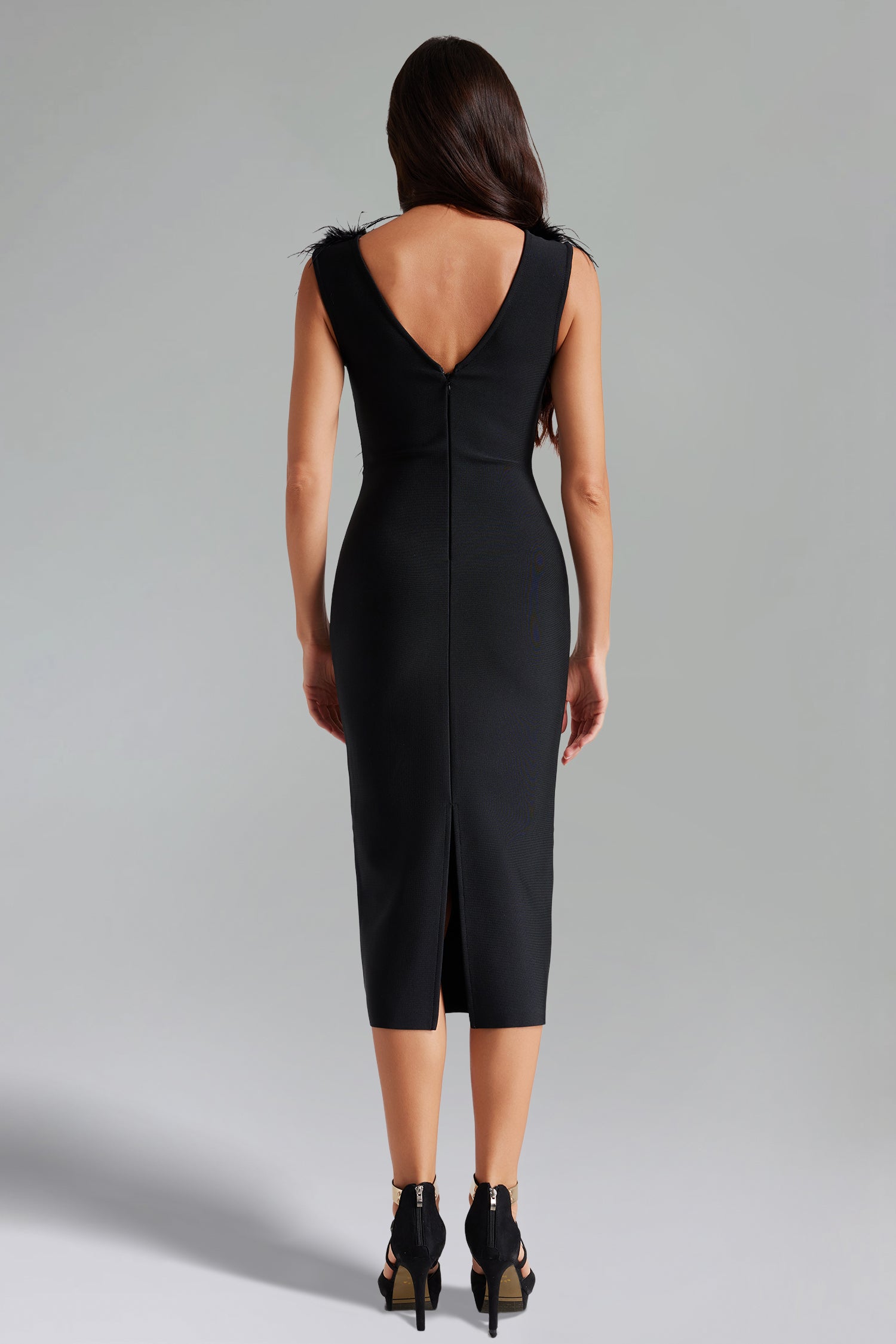 Lorraine Feather V Neck Bandage Midi Dress