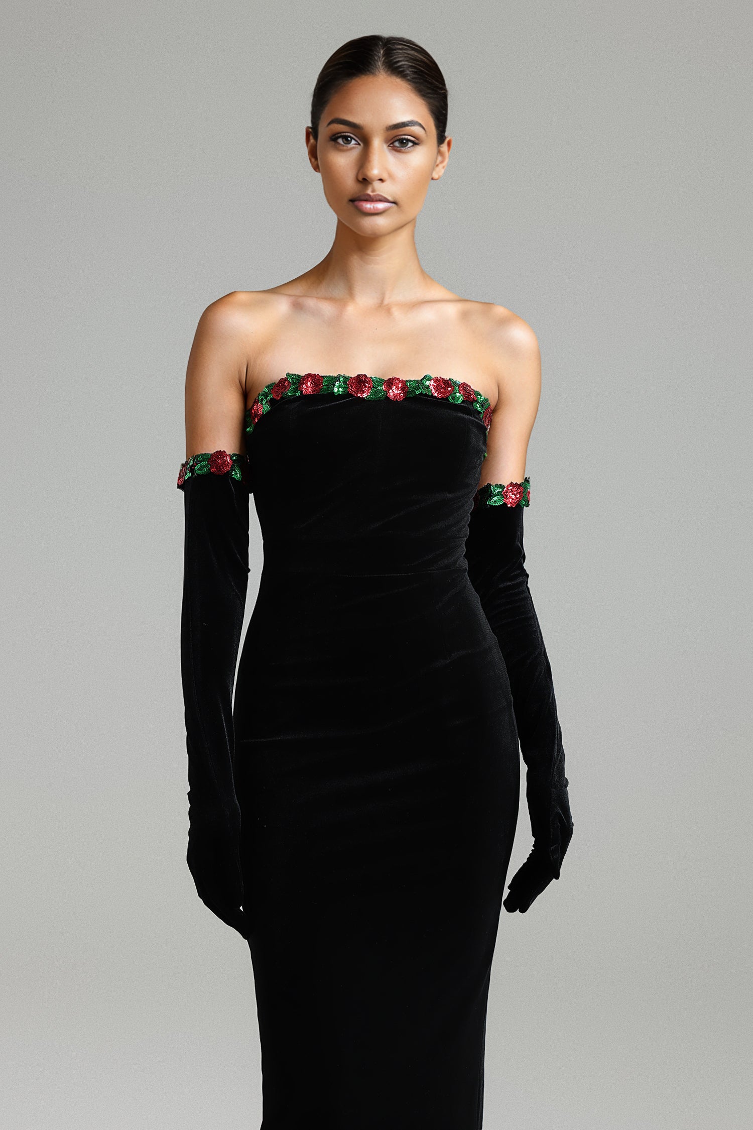 Fagaro Sequins Flower Velvet Midi Dress