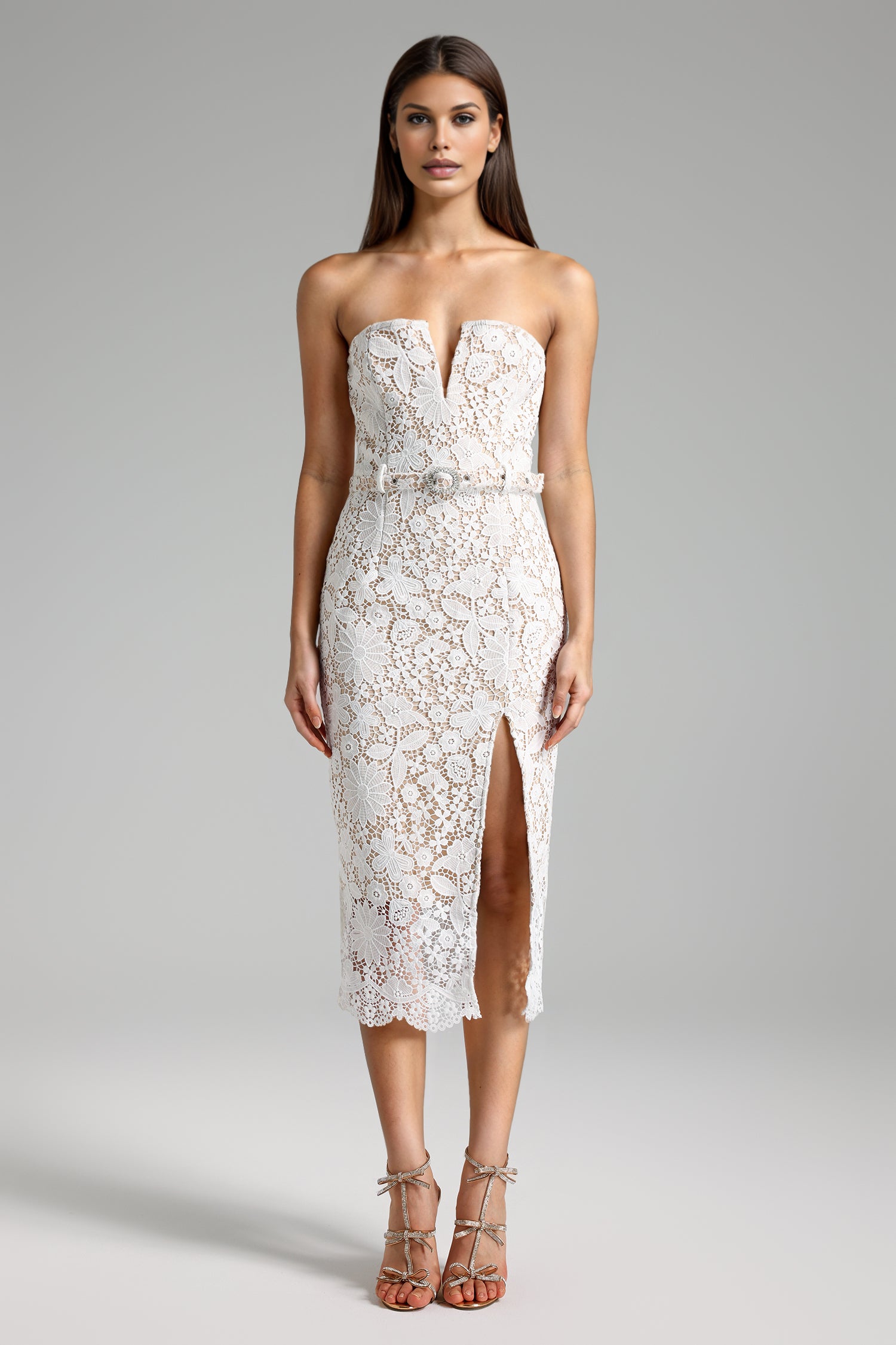 Linda Sleeveless Side Slit Lace Midi Dress