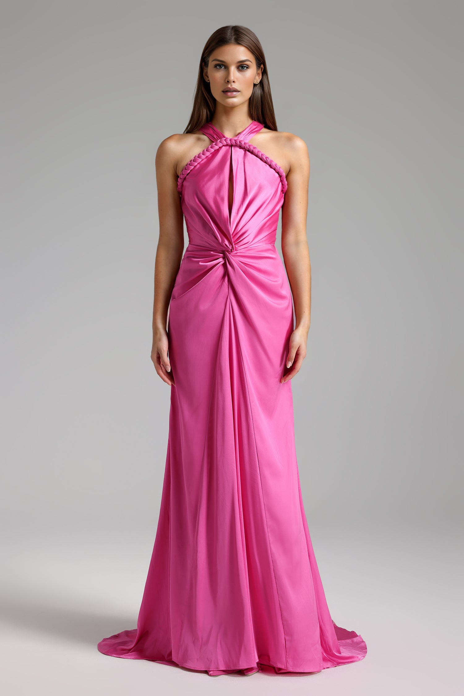 Vanya Woven Halter Cut Out Satin Maxi Dress - Pink