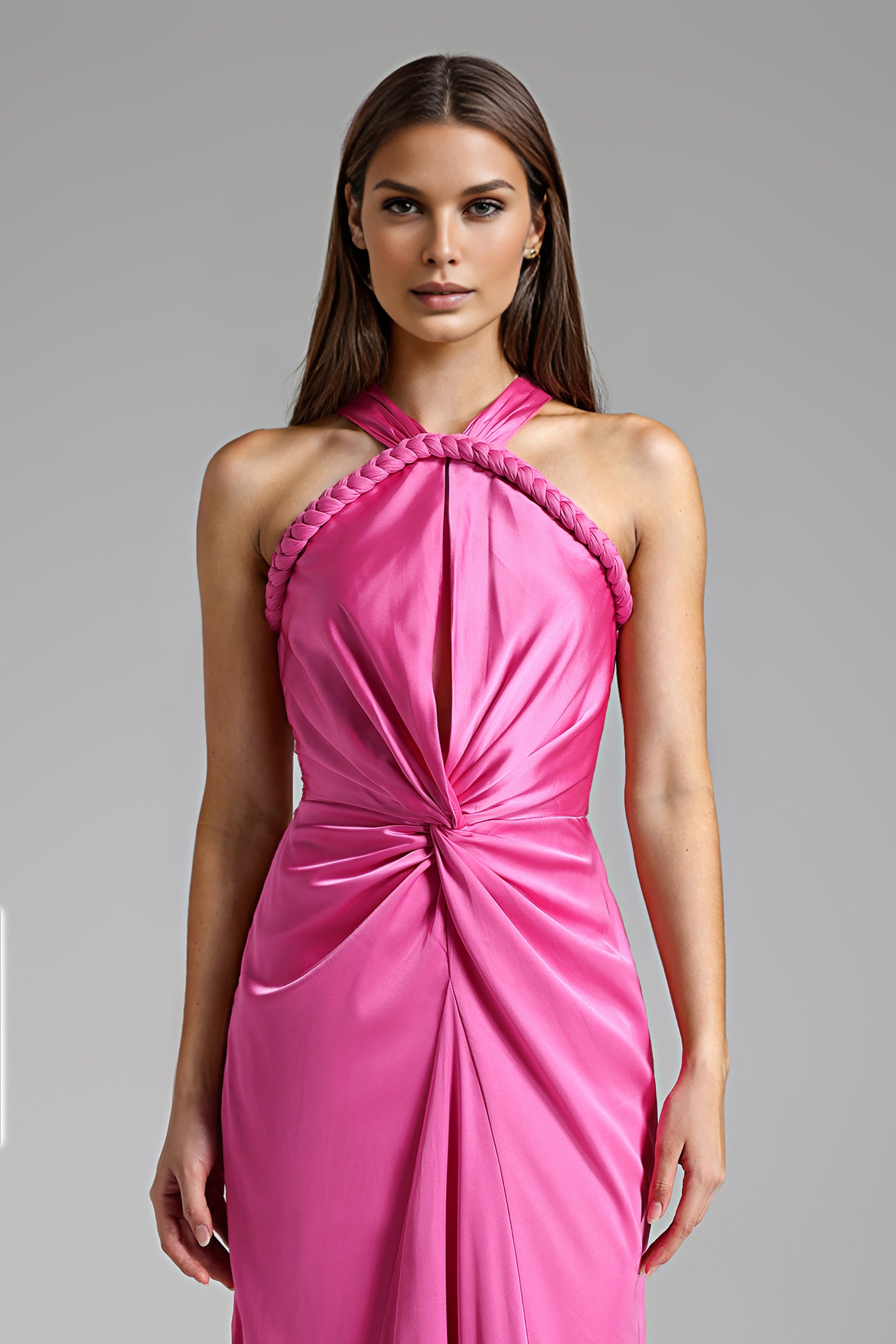 Vanya Woven Halter Cut Out Satin Maxi Dress - Pink