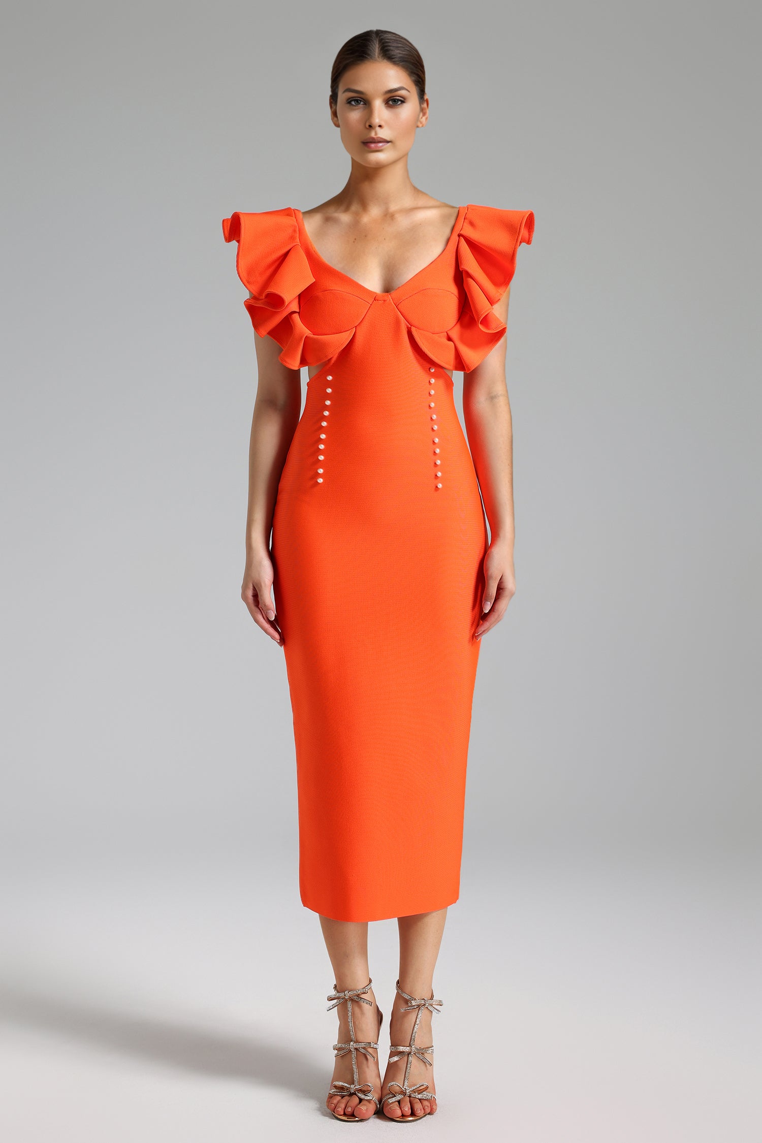 Eirene Ruffle Sleeve Slim Bandage Midi Dress