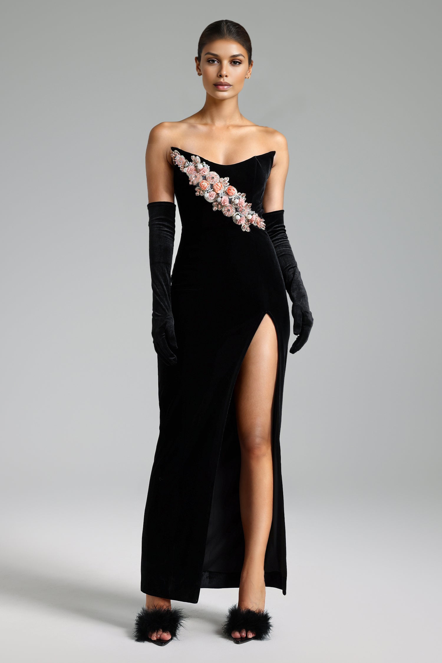 Martine Strapless Flowers Velvet High Slit Dress