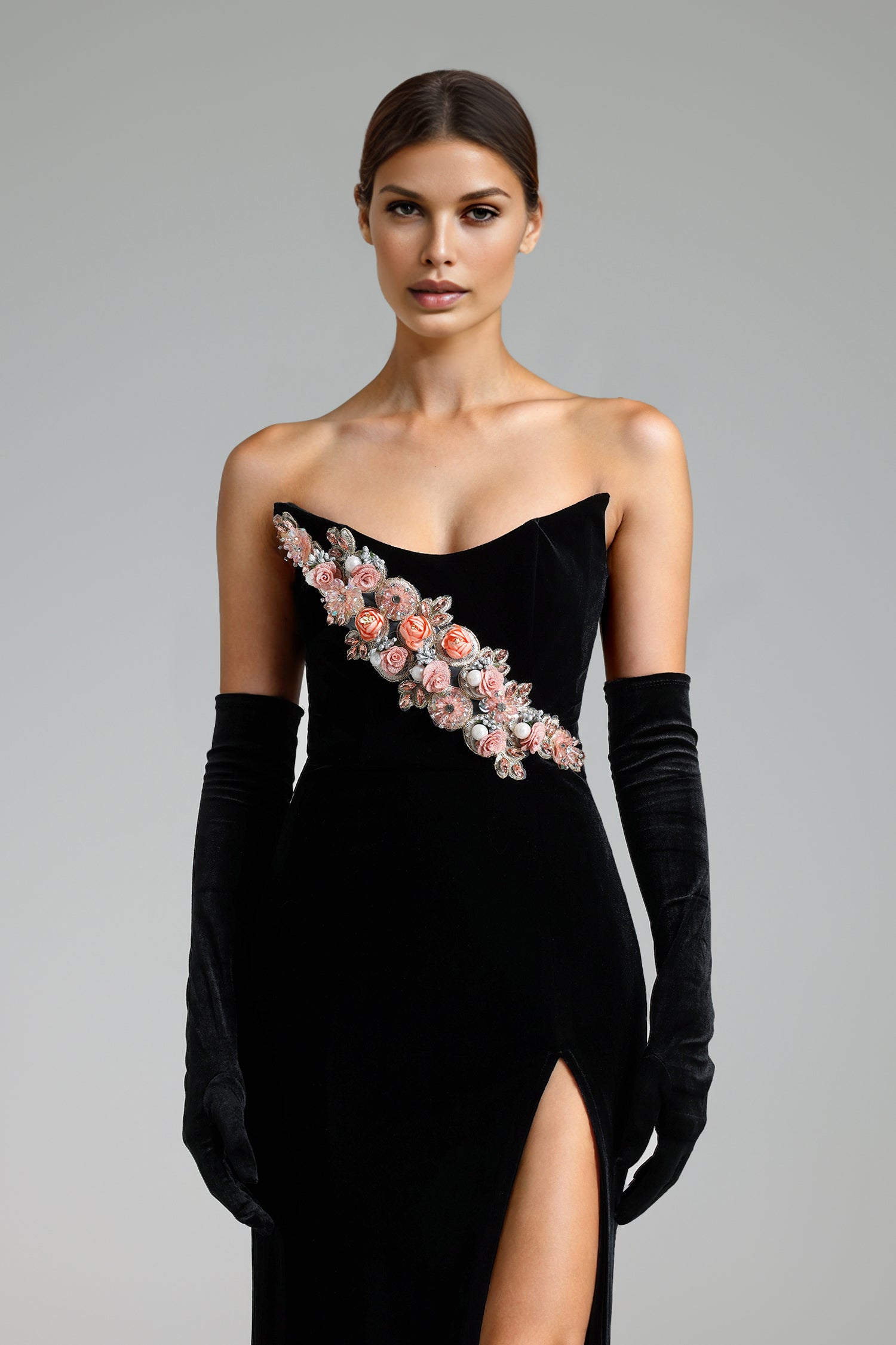 Martine Strapless Flowers Velvet High Slit Dress