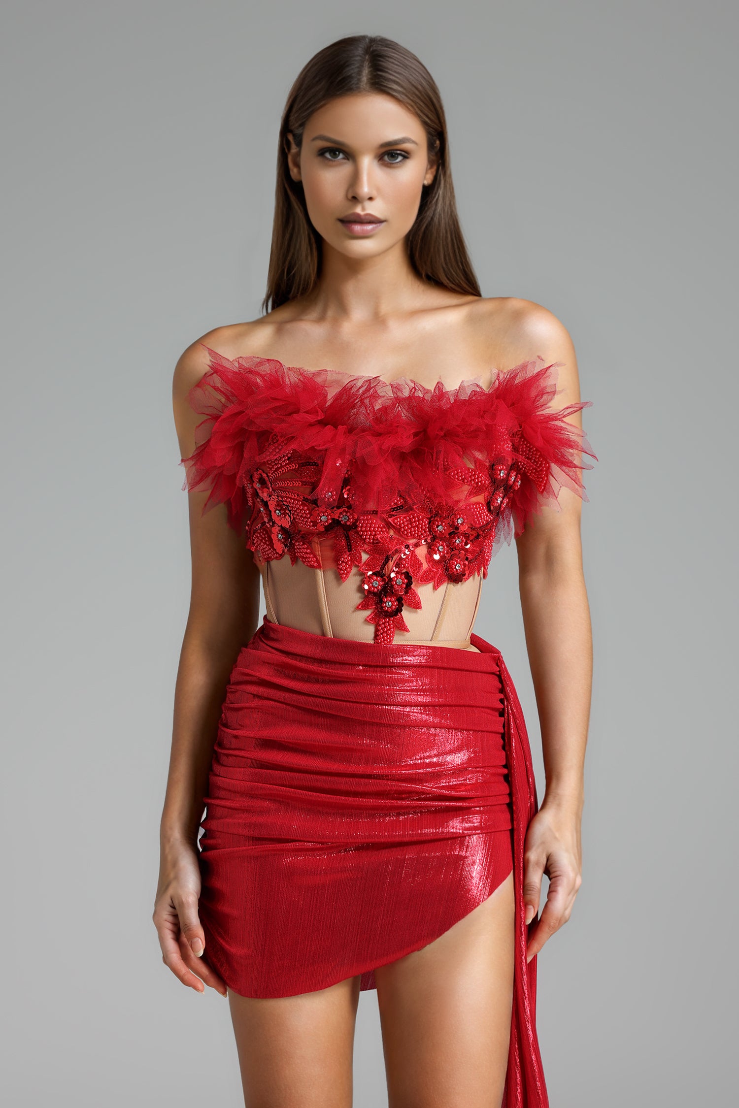 Laly Strapless Feather Knit Two-Piece Set