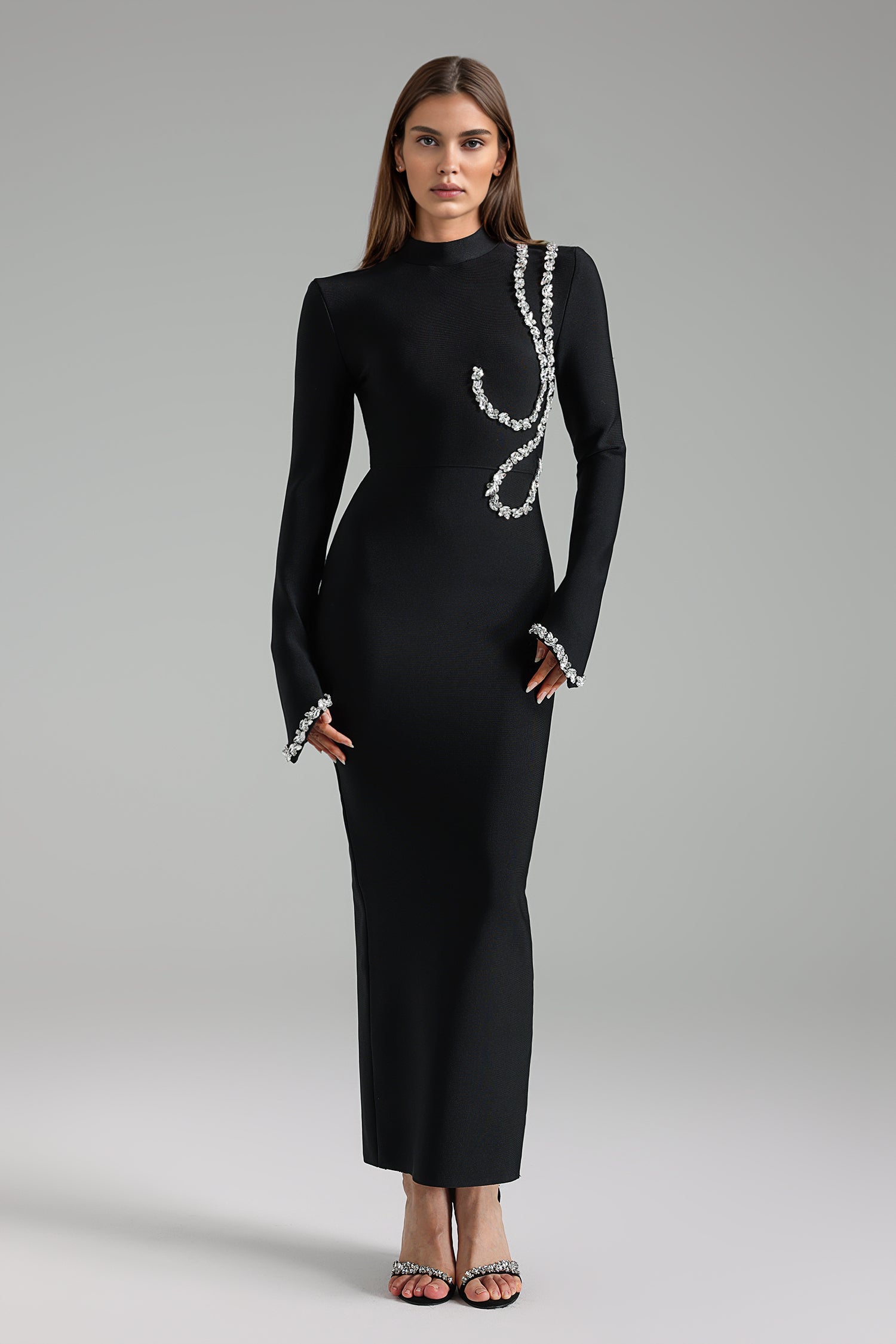 Hutuny Diamond Setting Long Sleeve Bandage Maxi Dress