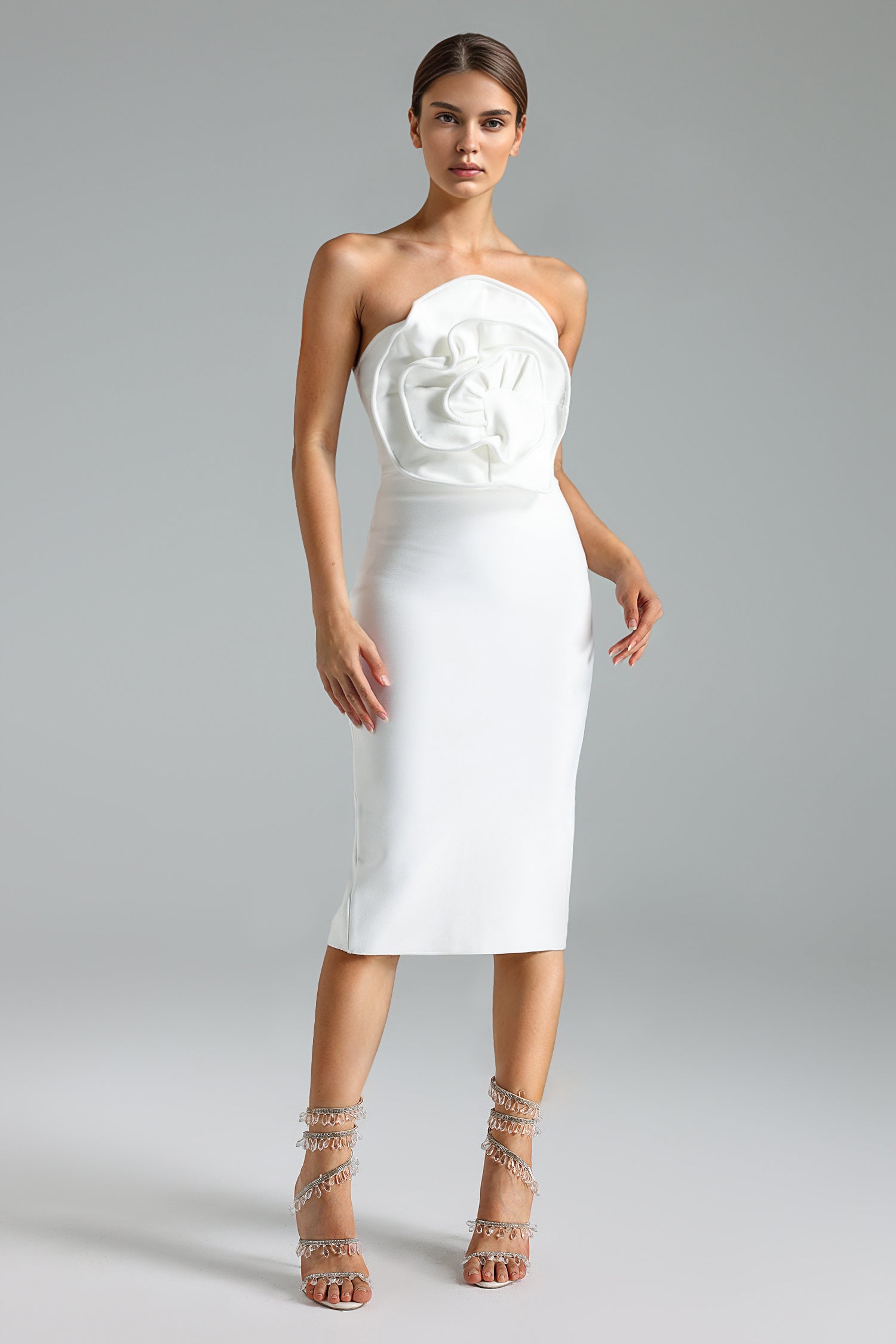 Fabia Strapless Flowers Bandage Midi Dress