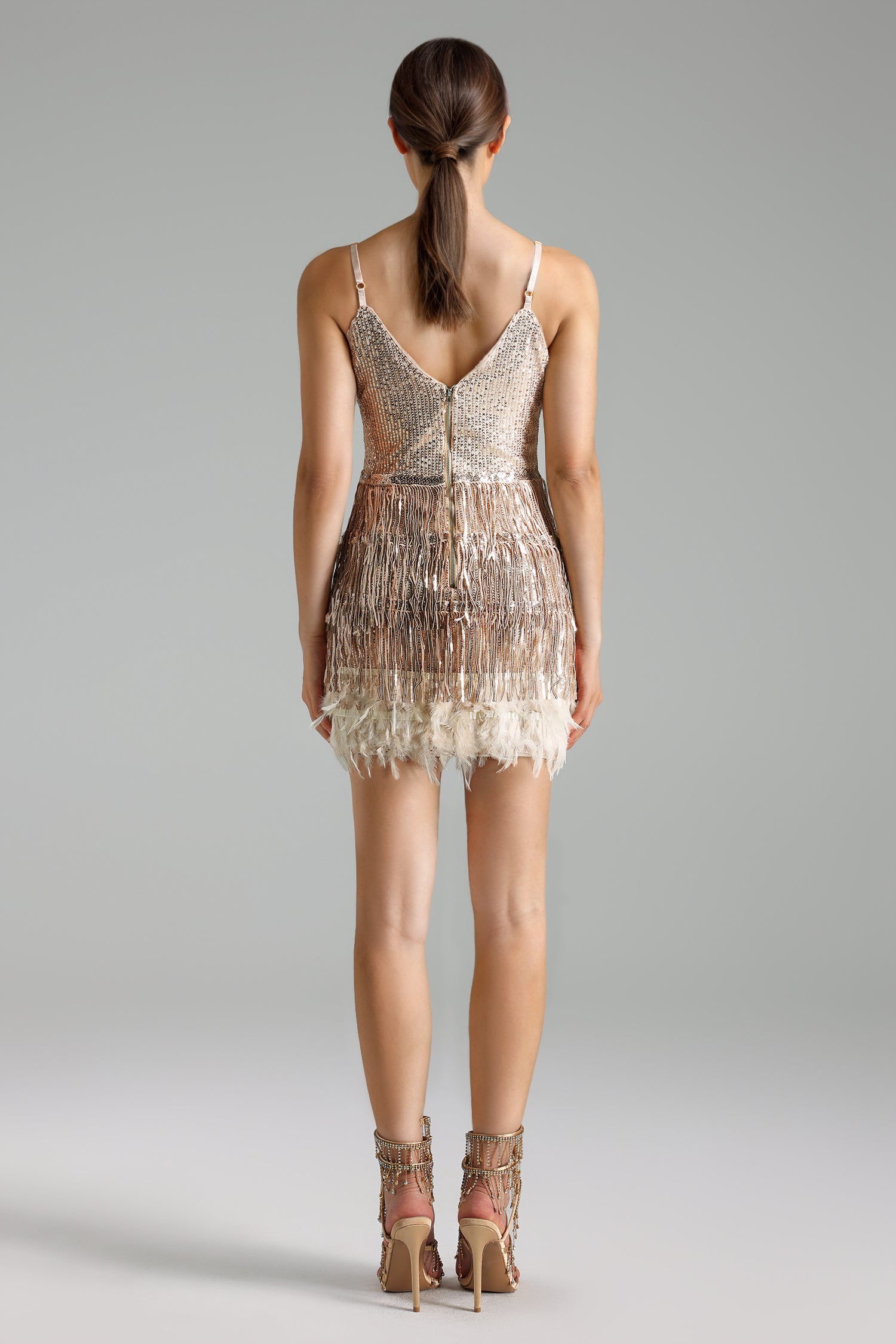 Keely Sequins Fringe Feather Mini Dress - Golden