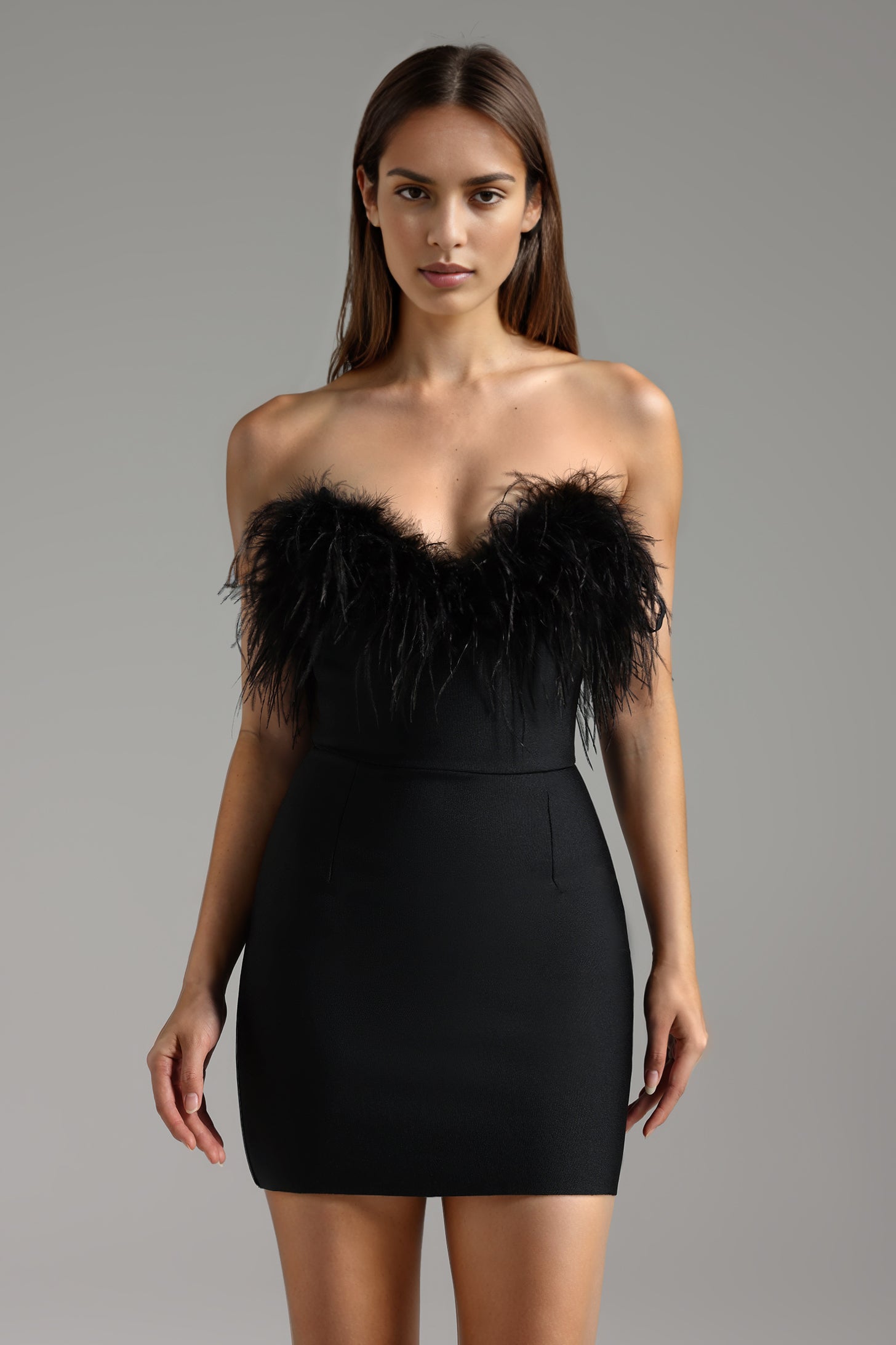 Winey Strapless Feather Bandage Mini Dress