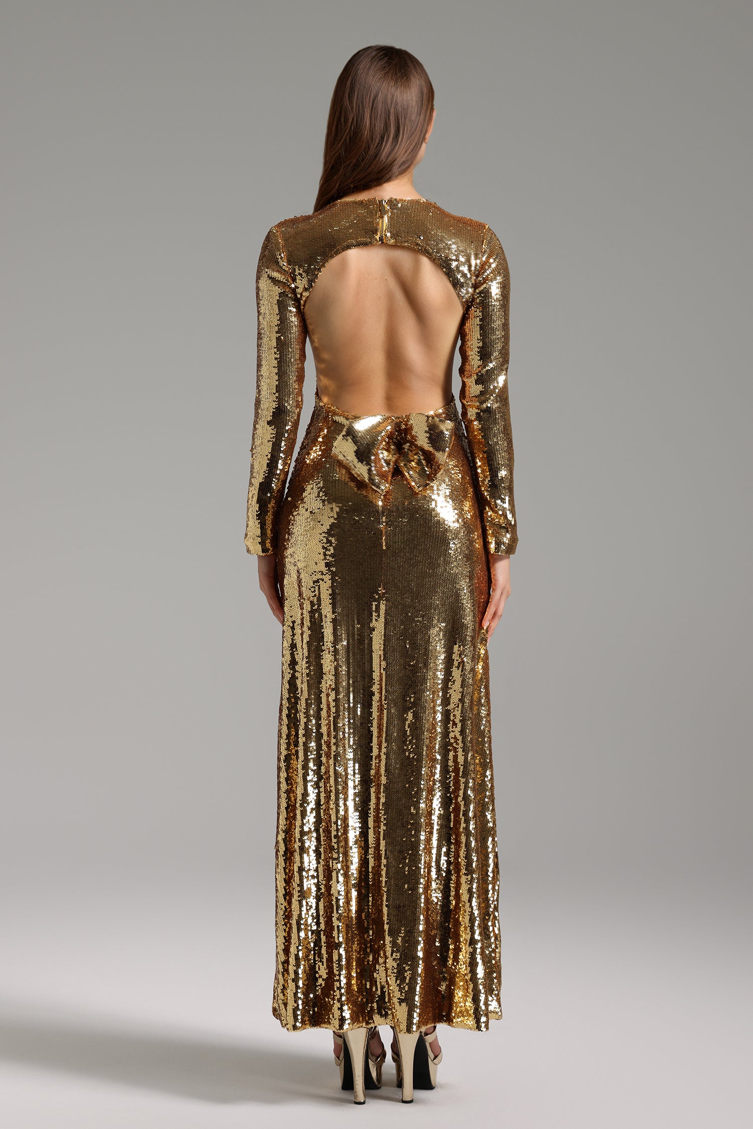 Pascale Long Sleeves Backless Bow Sequin Maxi Dress