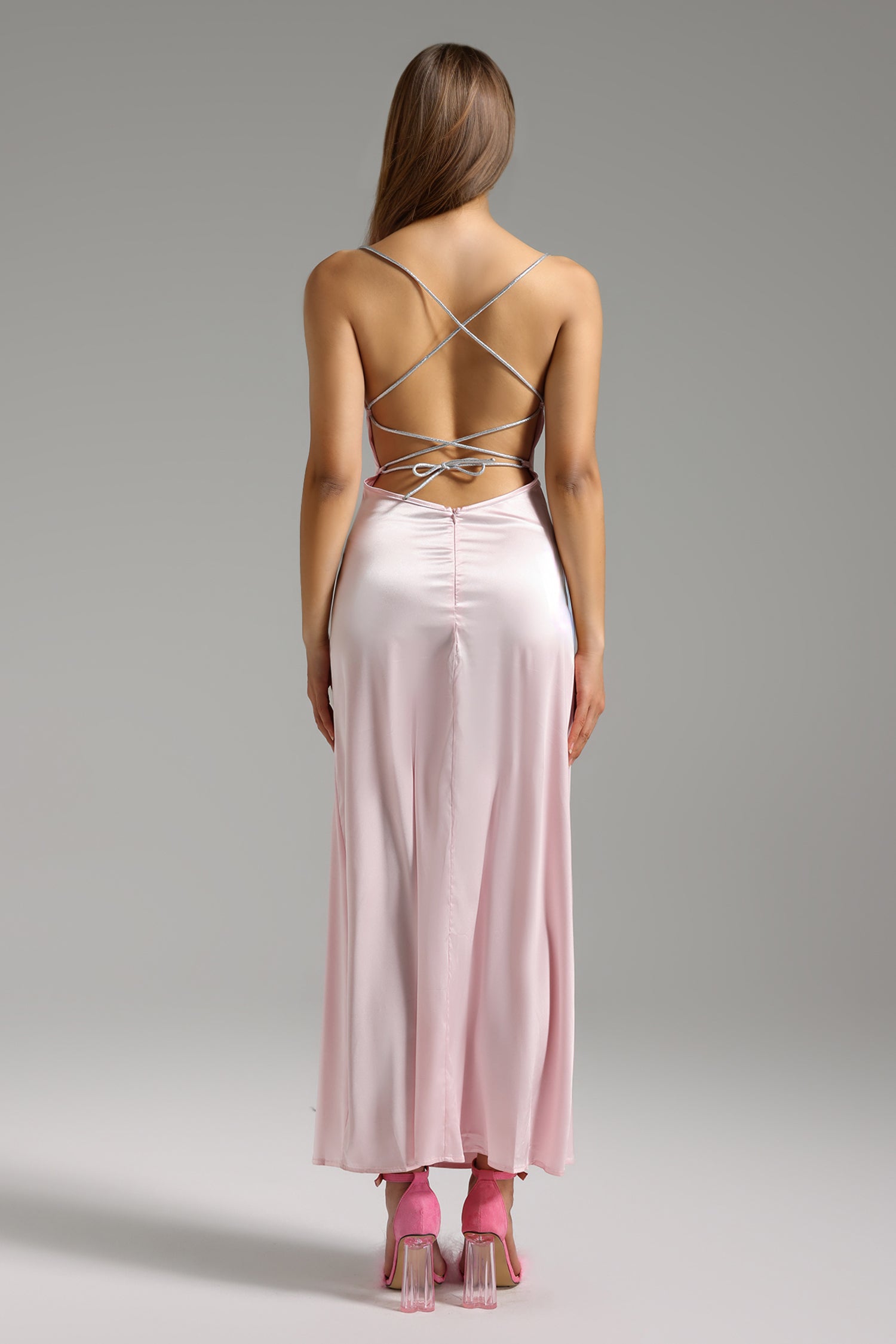 Kavaza Backless Straps High Slit Satin Maxi Dress