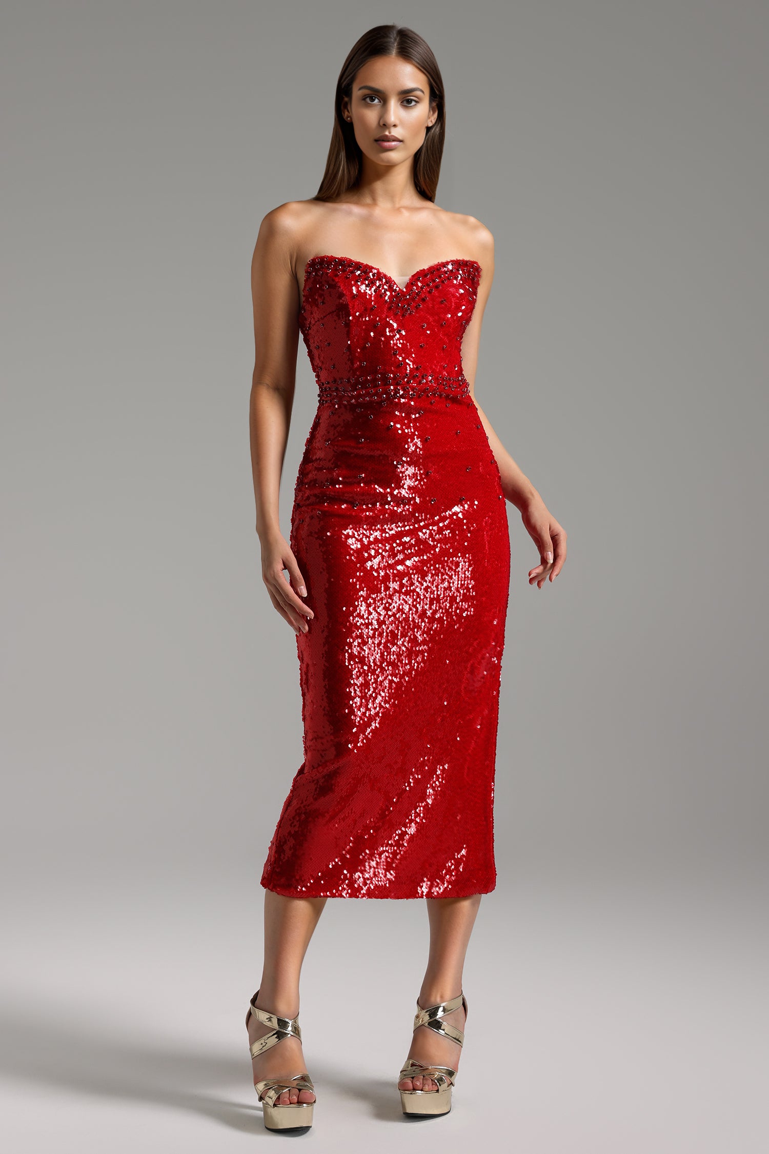 Lillian V-Neck Sleeveless Sequin Beading Midi Dress