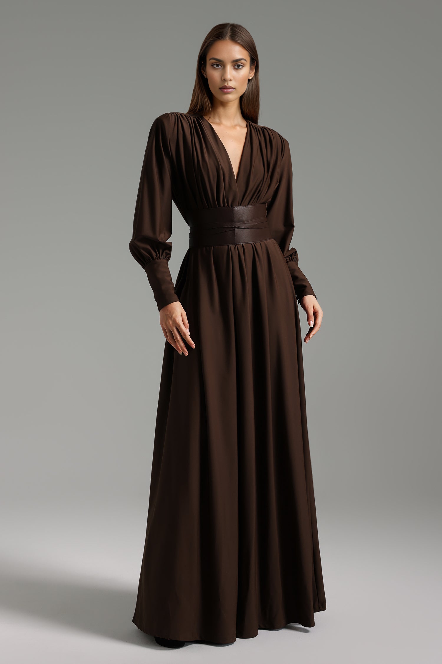 Encho Deep-V Long Sleeves Maxi Dress