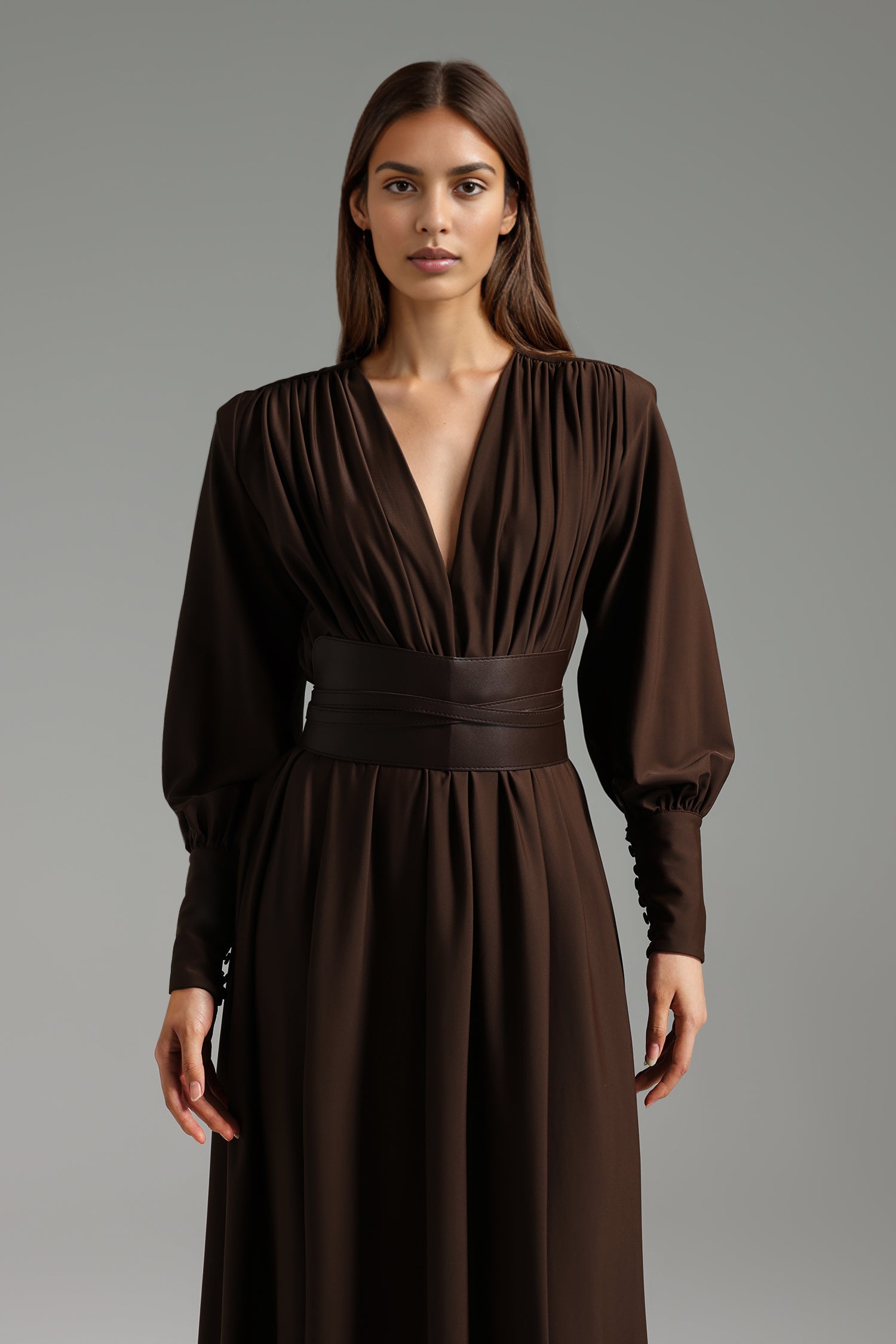 Encho Deep-V Long Sleeves Maxi Dress