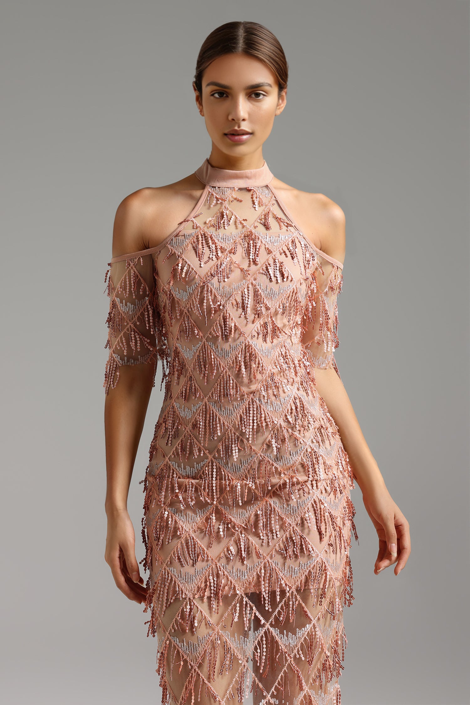 Lzada Halter Backless Sequin Tassel Netting Midi Dress