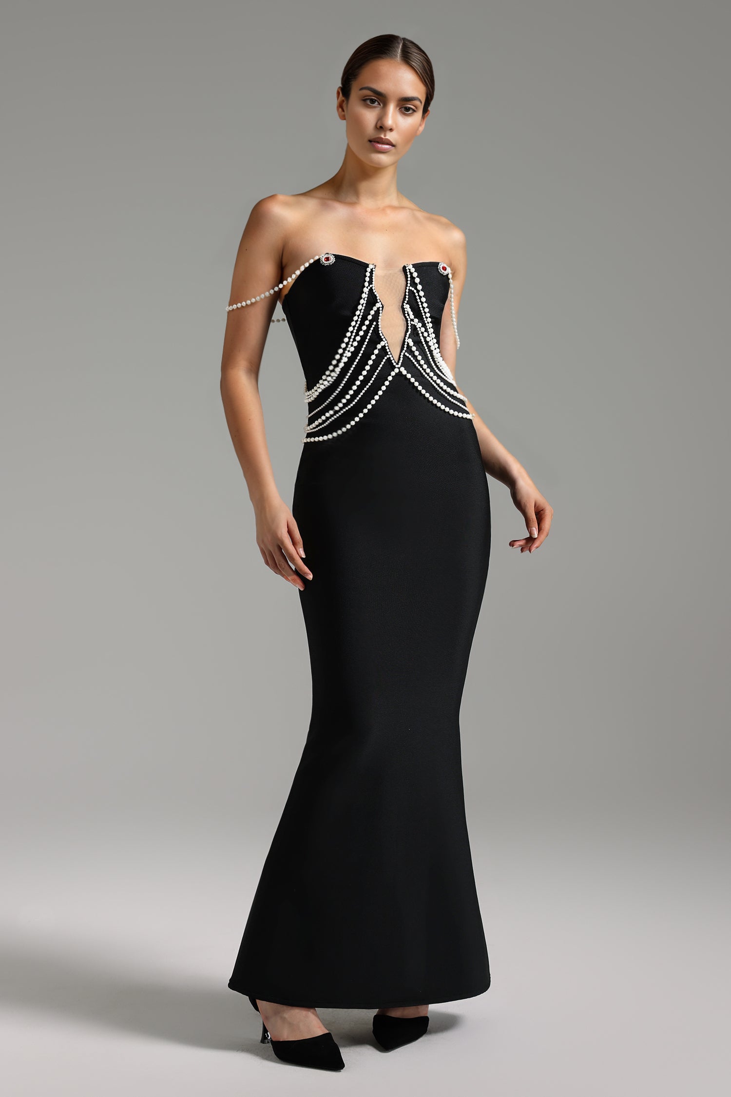 Irana Strapless Peart Netting Bandage Maxi Dress