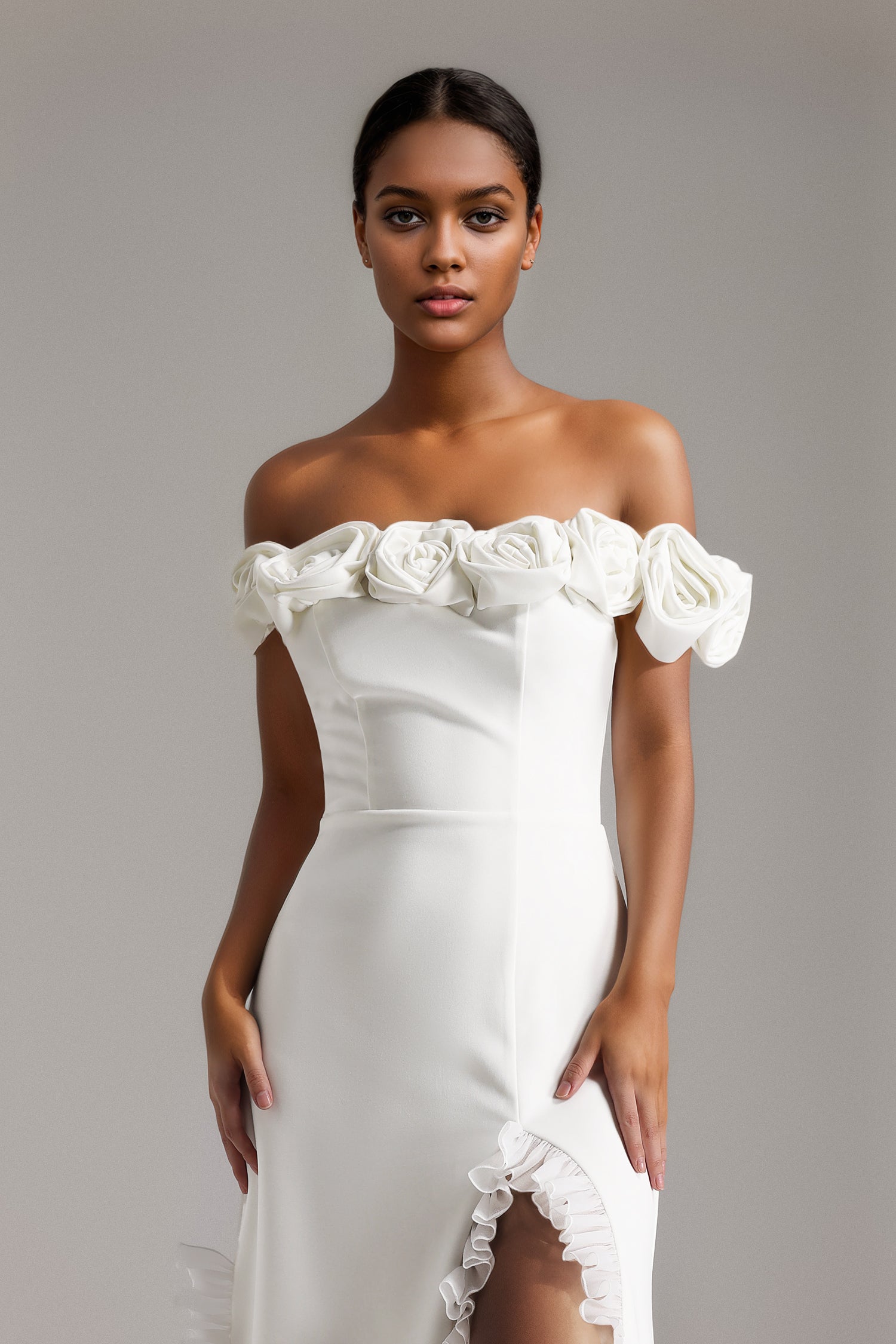 Vazada Off Shoulder Sleeveless High Slit Ruffled Flowers Midi Dress