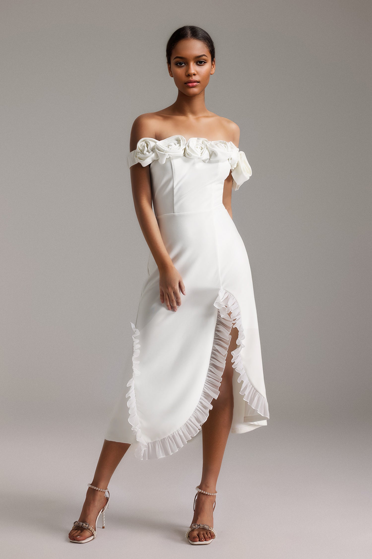 Vazada Off Shoulder Sleeveless High Slit Ruffled Flowers Midi Dress