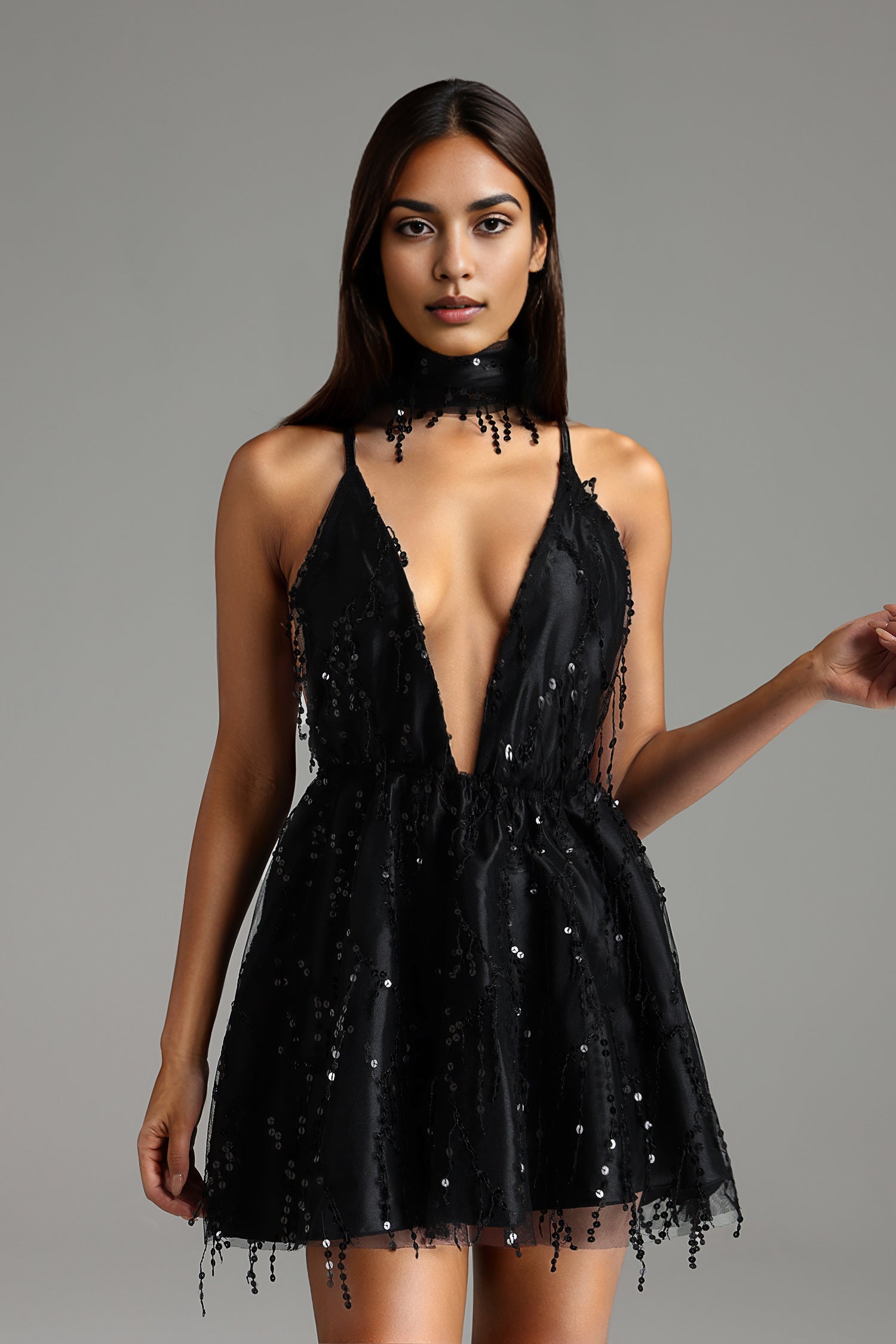 Suly Sleeveless Deep-V Backless Sequin Netting Mini Dress