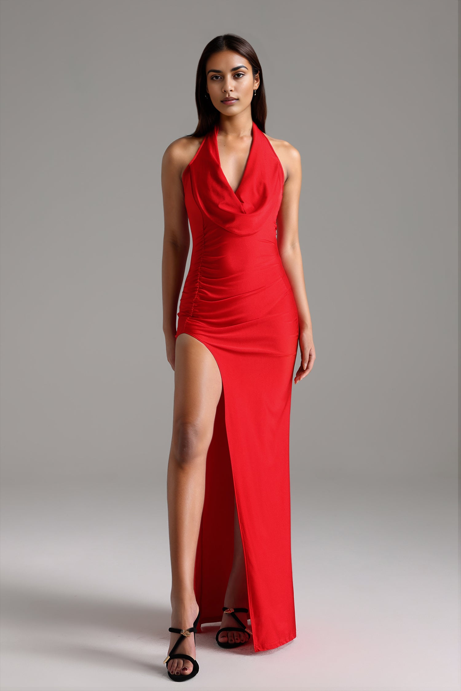 Ernie Deep-V Sleeveless Halter High Slit Maxi Dress