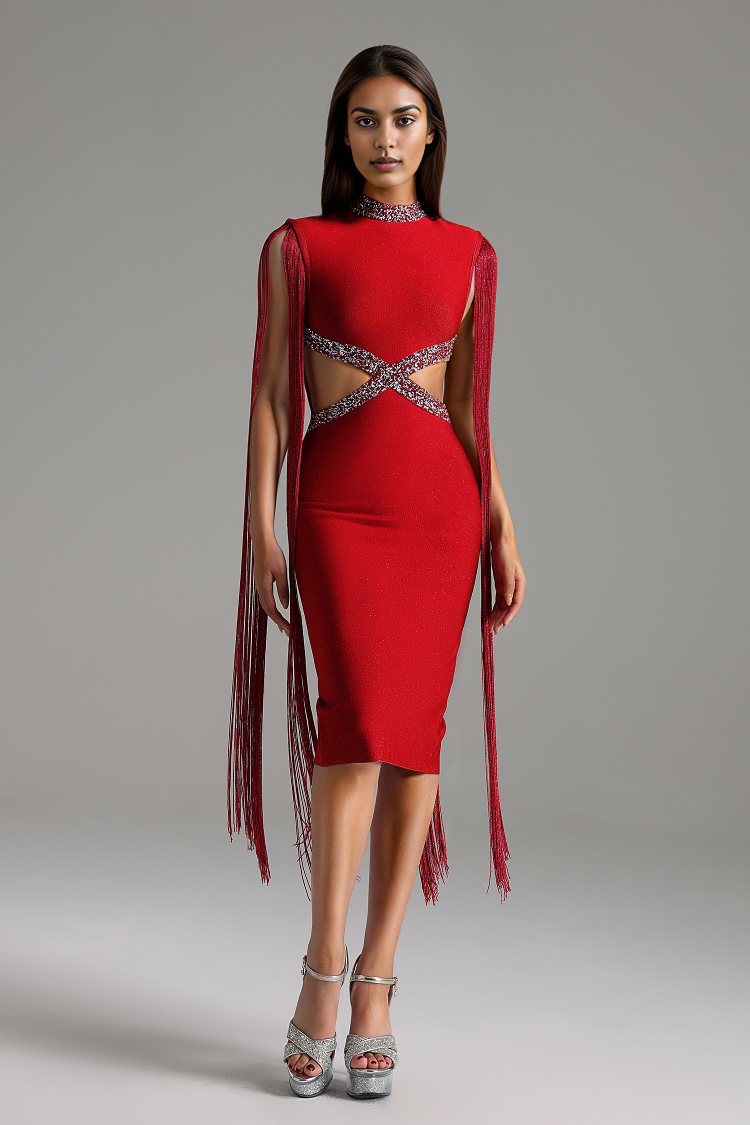 Plume Round Neck Hollow Diamond Bandage Midi Dress