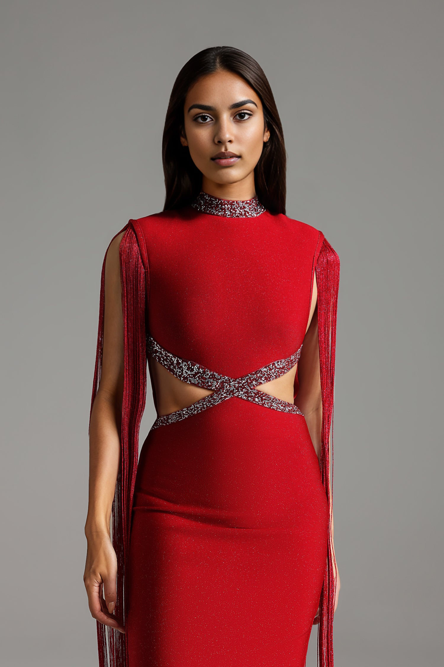 Plume Round Neck Hollow Diamond Bandage Midi Dress