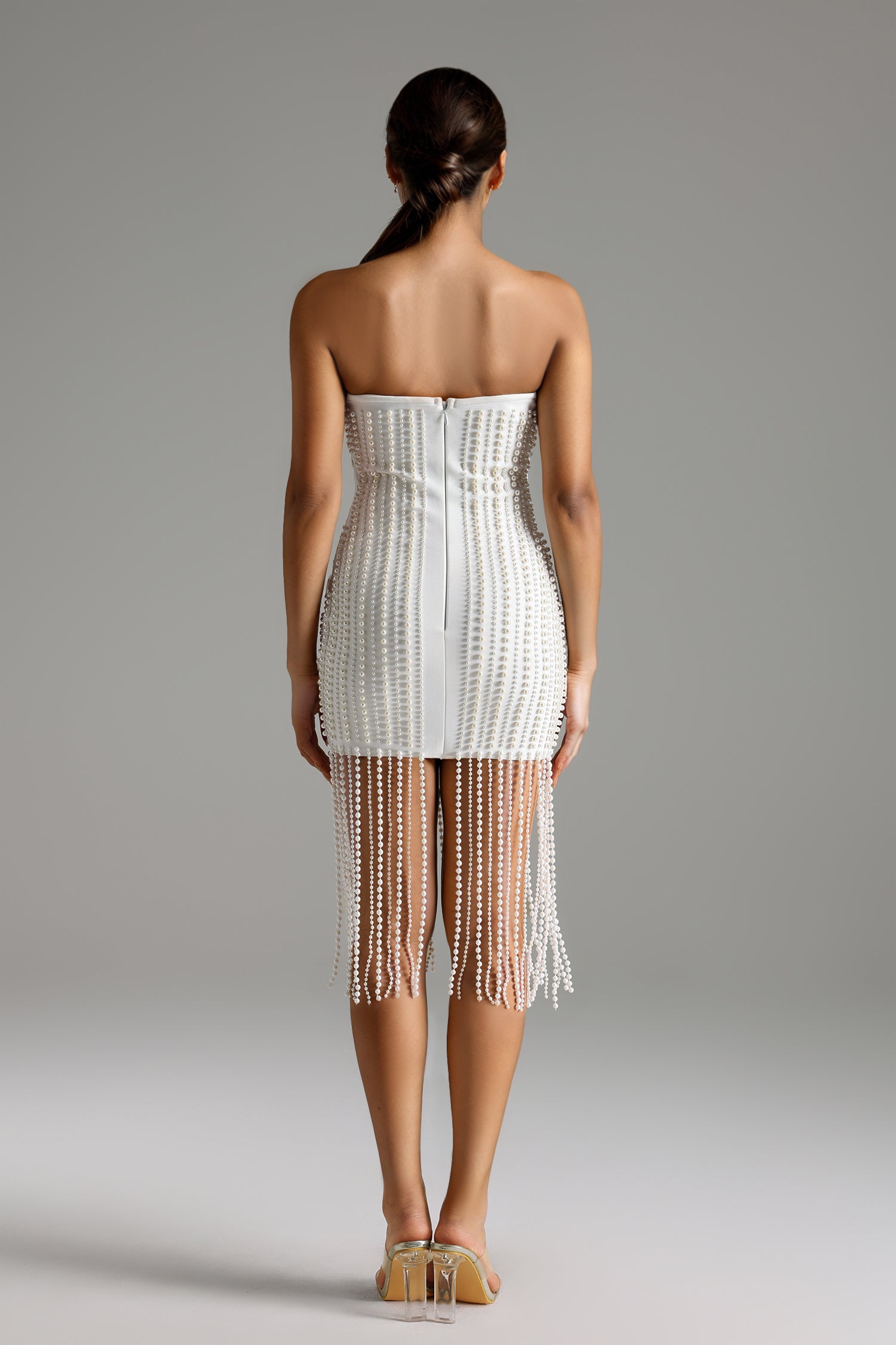 Ilsa Strapless Sleeveless Pearl Tassel Bandage Mini Dress