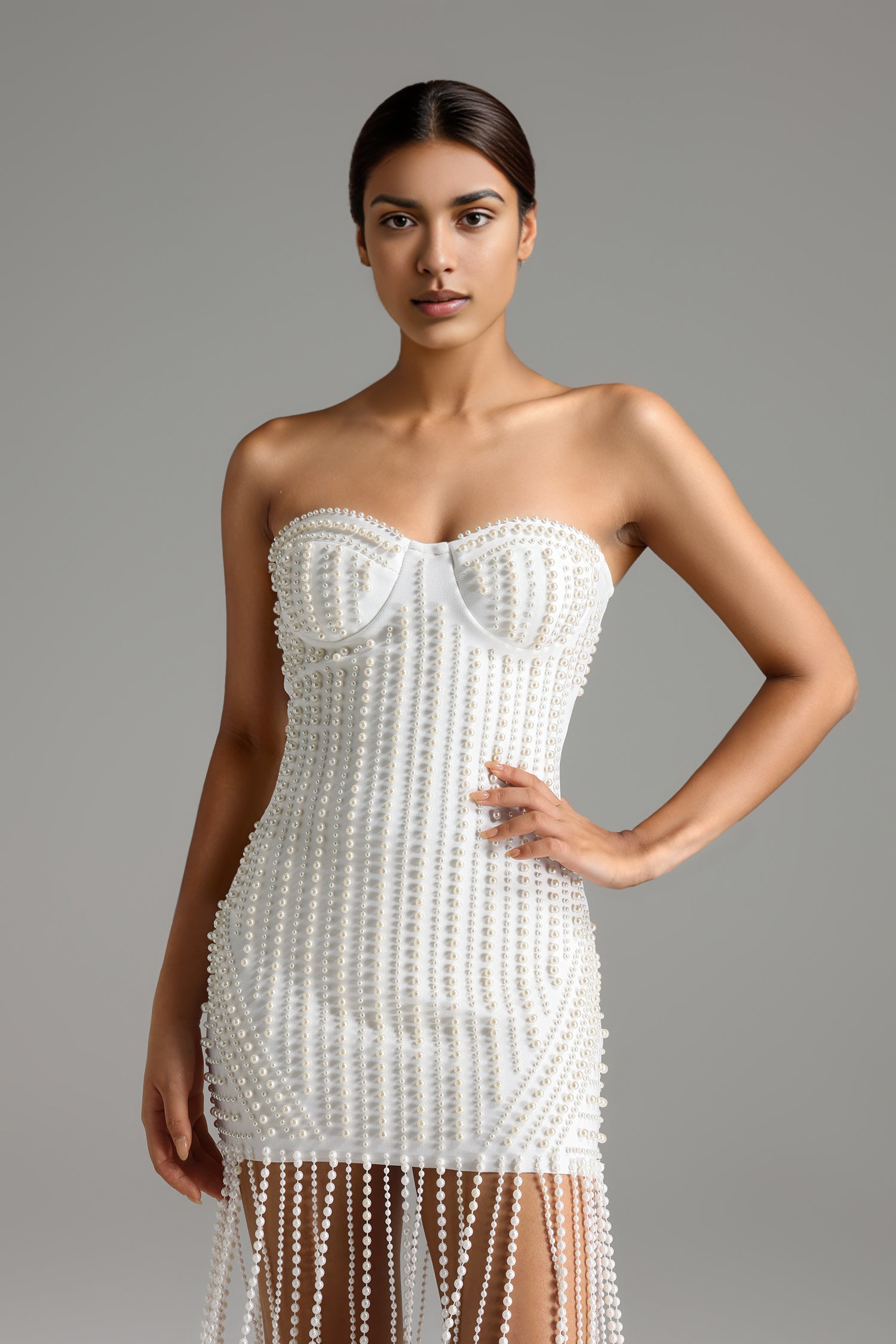 Ilsa Strapless Sleeveless Pearl Tassel Bandage Mini Dress